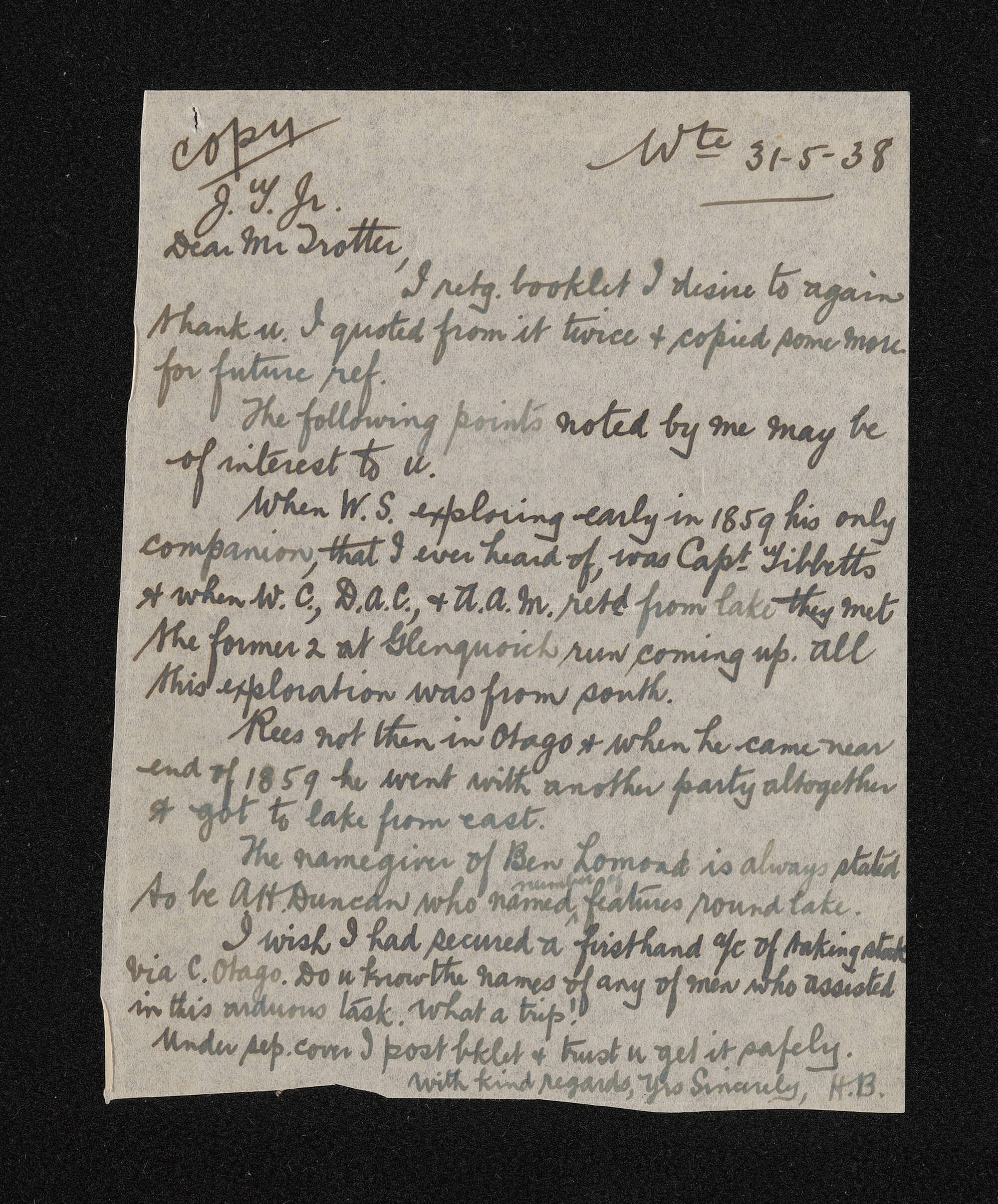 Copy of letter, 31 May 1938, from Herries Beattie, to John Trotter Jr.