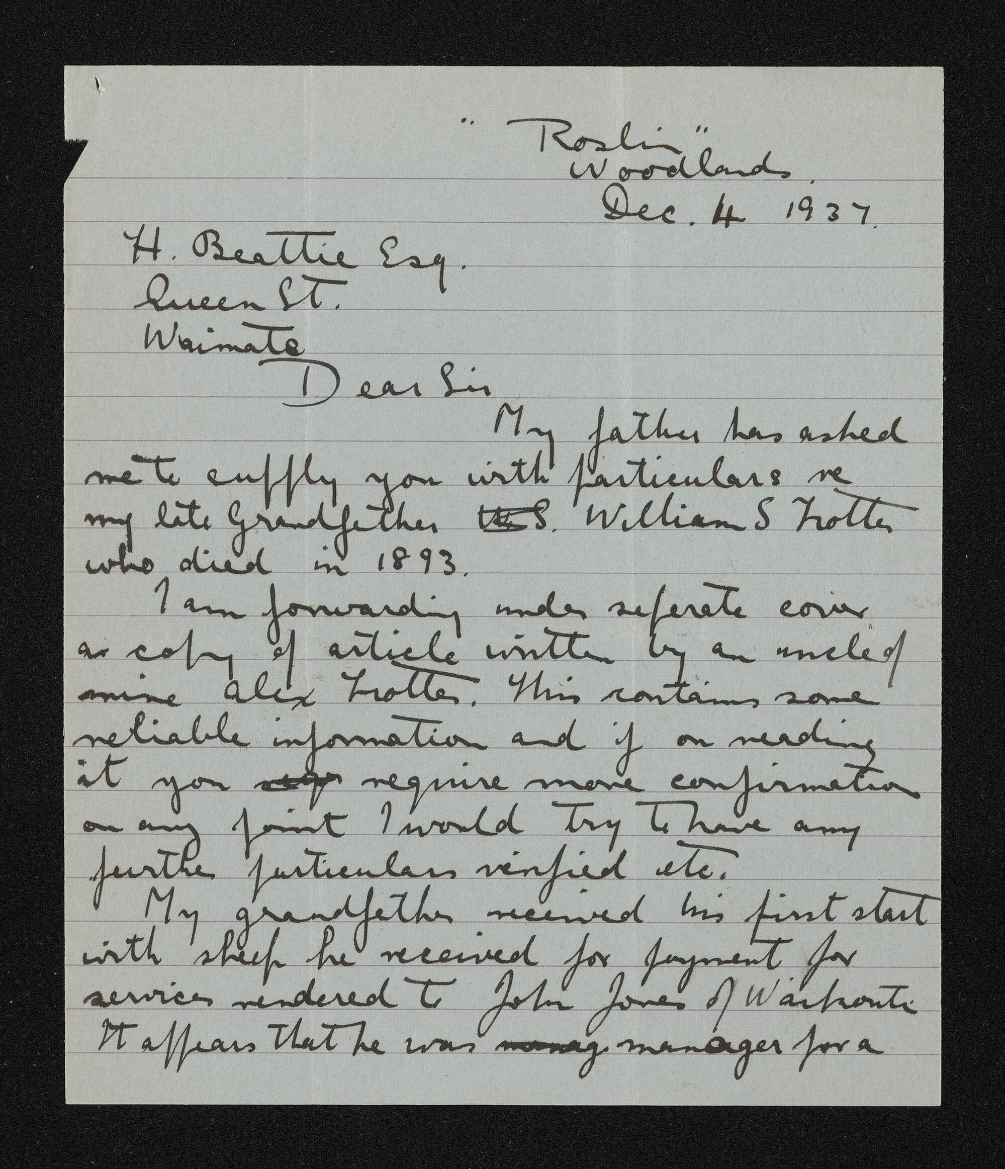 Letter, 4 December 1937, from John Trotter Jr, to Herries Beattie, regarding his grandfather William Sinclair Trotter