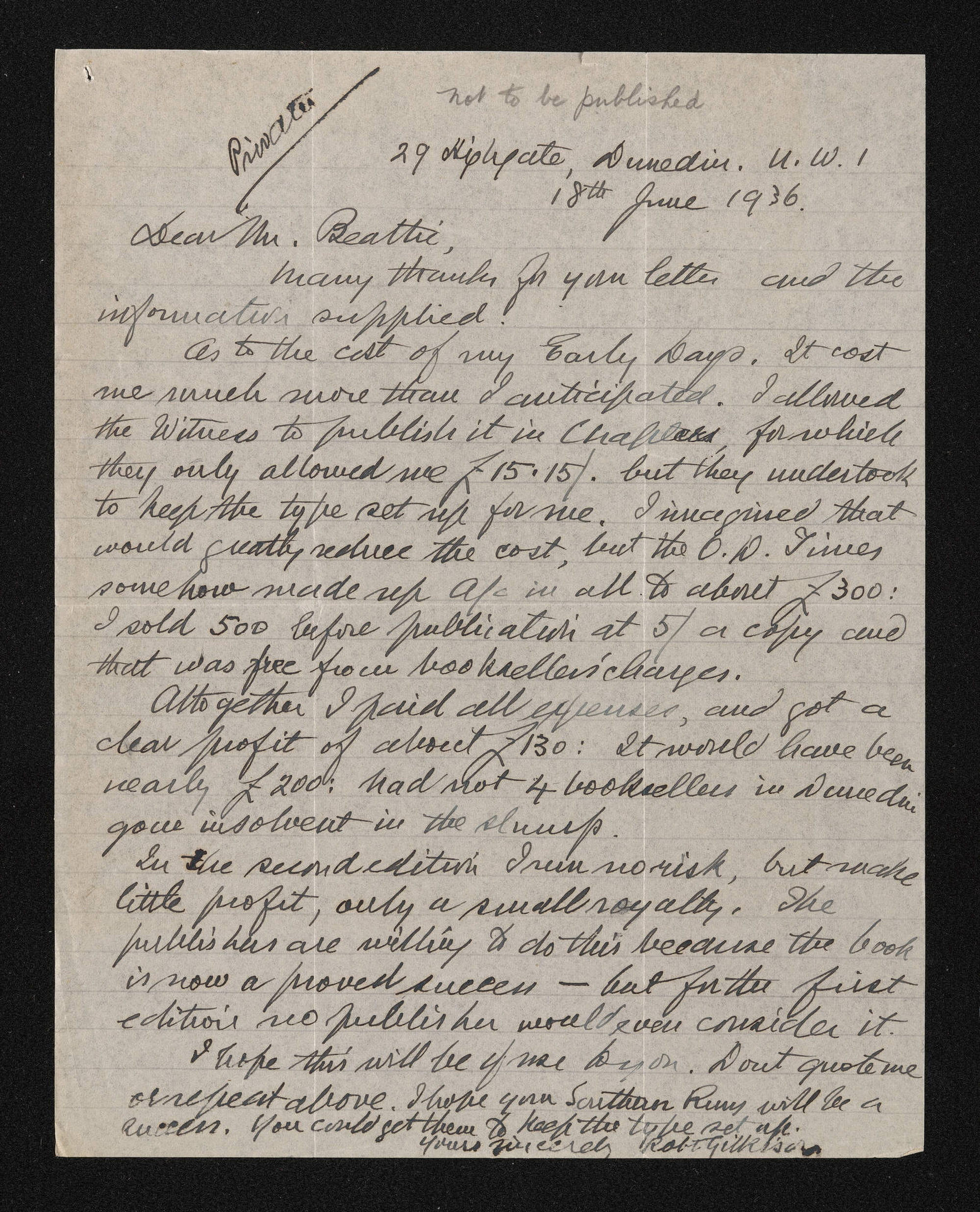 Letter, 18 June 1936, from Robert Gilkison, to Herries Beattie