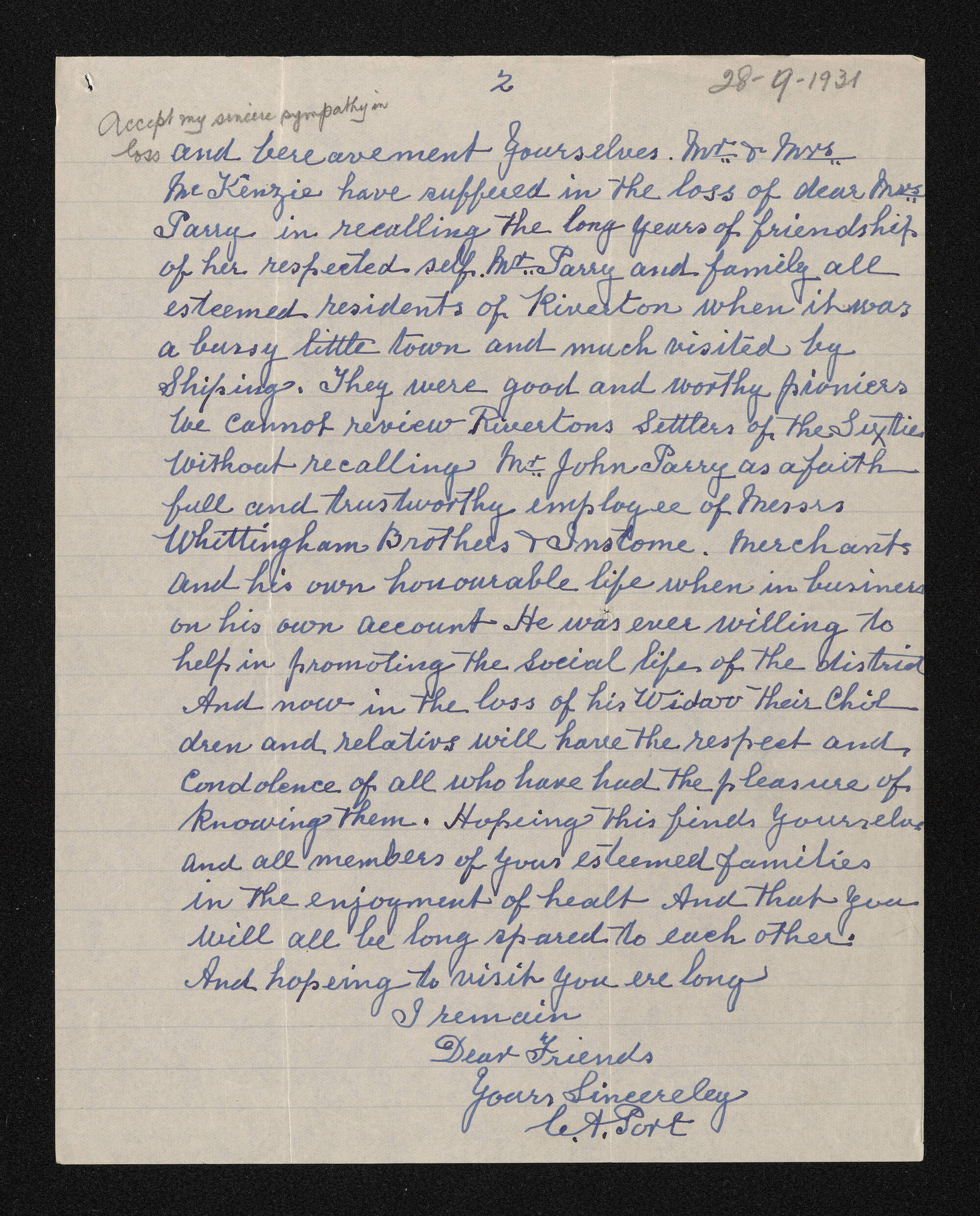 Letter, [28 September 1931], from Charles A. Port, to Herries Beattie