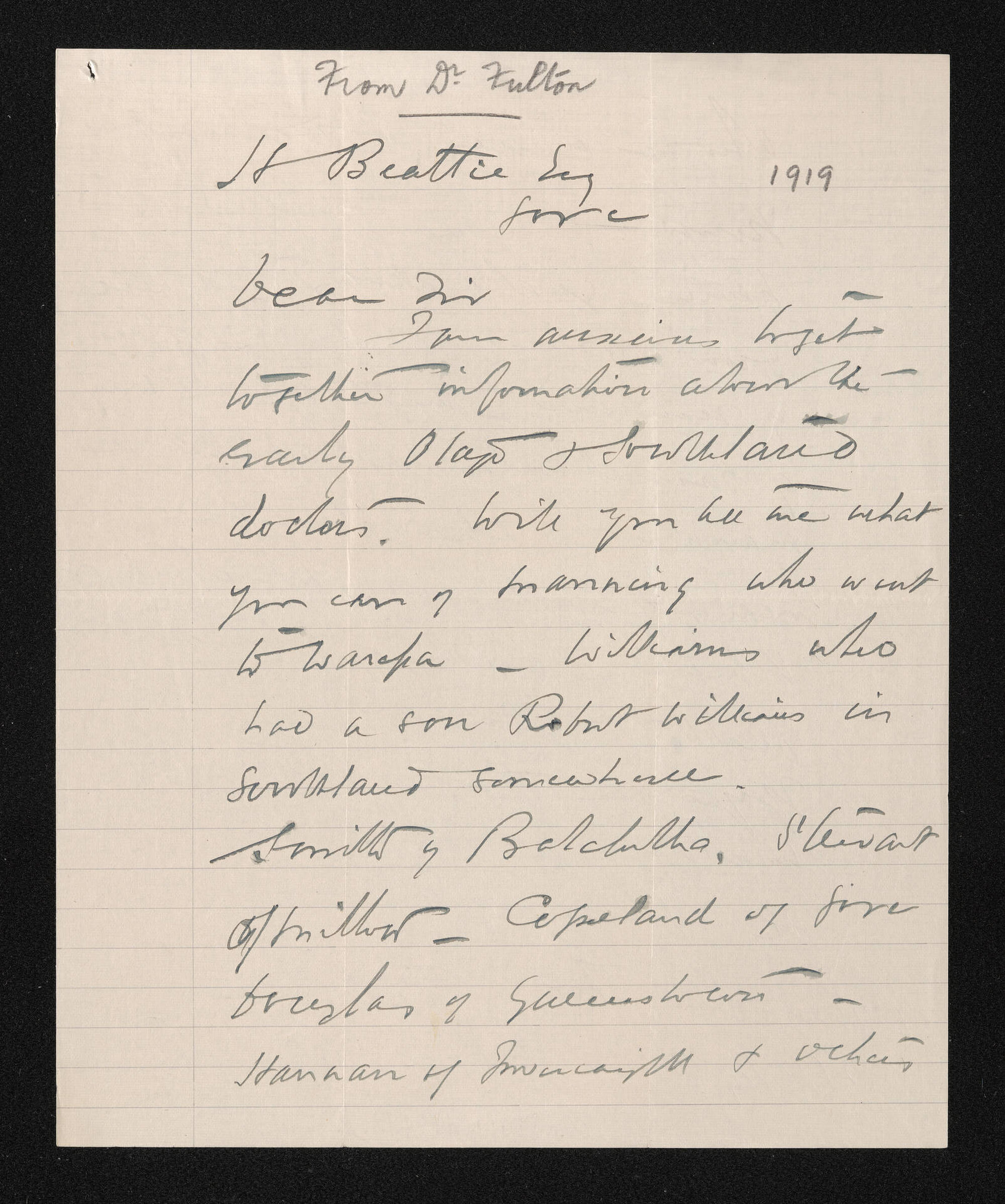 Letter, 26 June 1919, from Dr Robert Fulton, to Herries Beattie