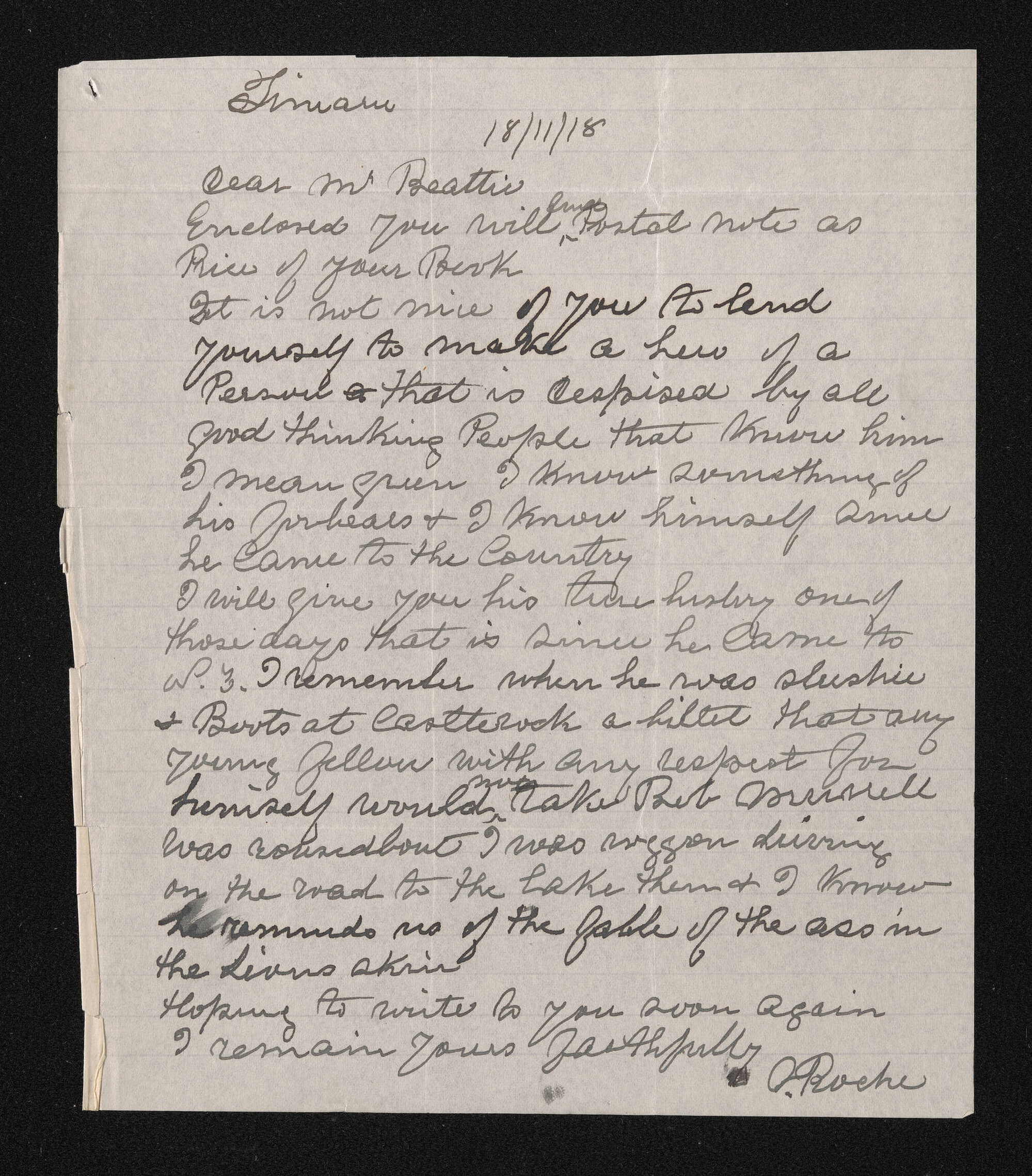 Letter, 18 November 1918, from A. Roche, to Herries Beattie