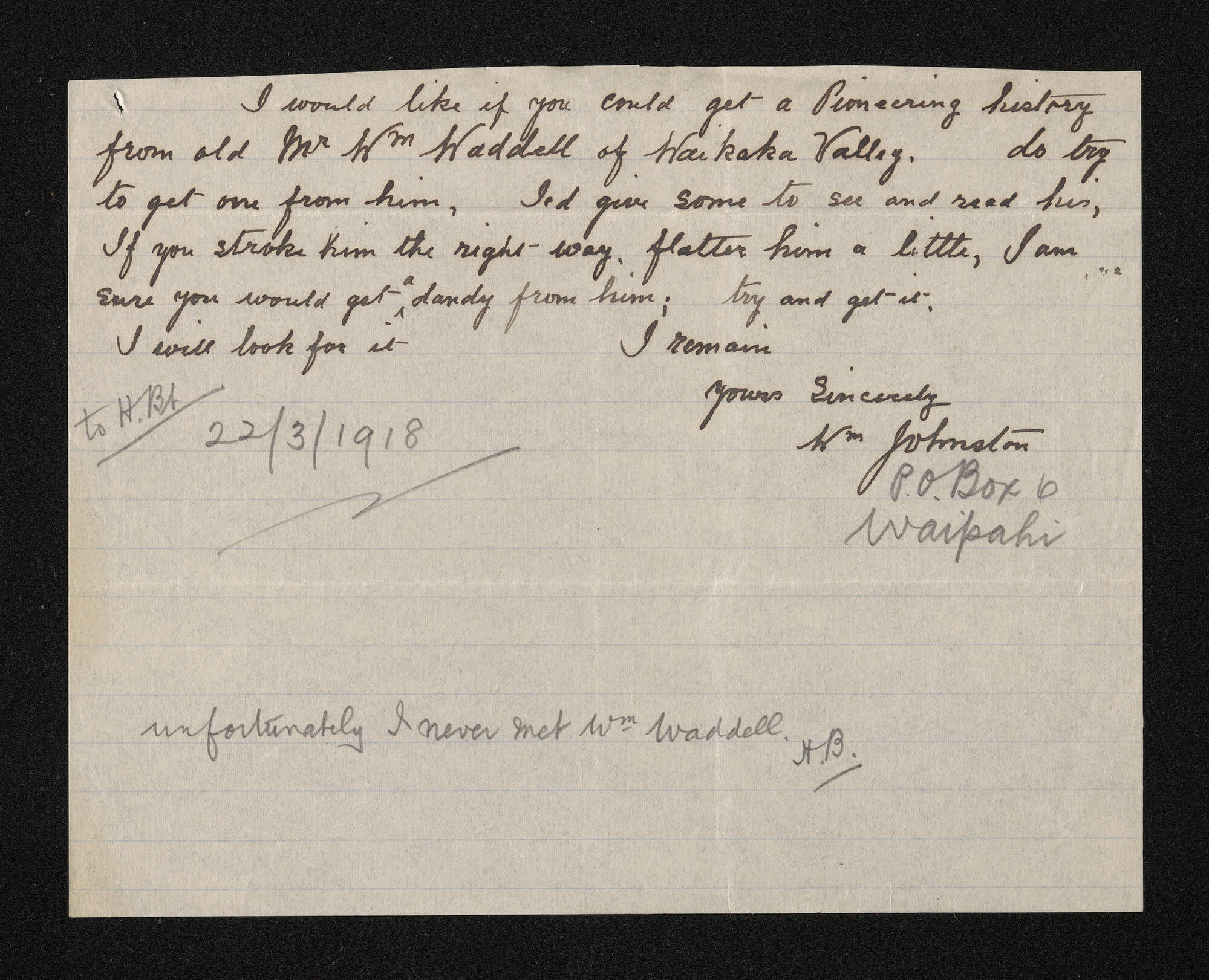 Letter, [22 March 1918], from William Johnston, to Herries Beattie