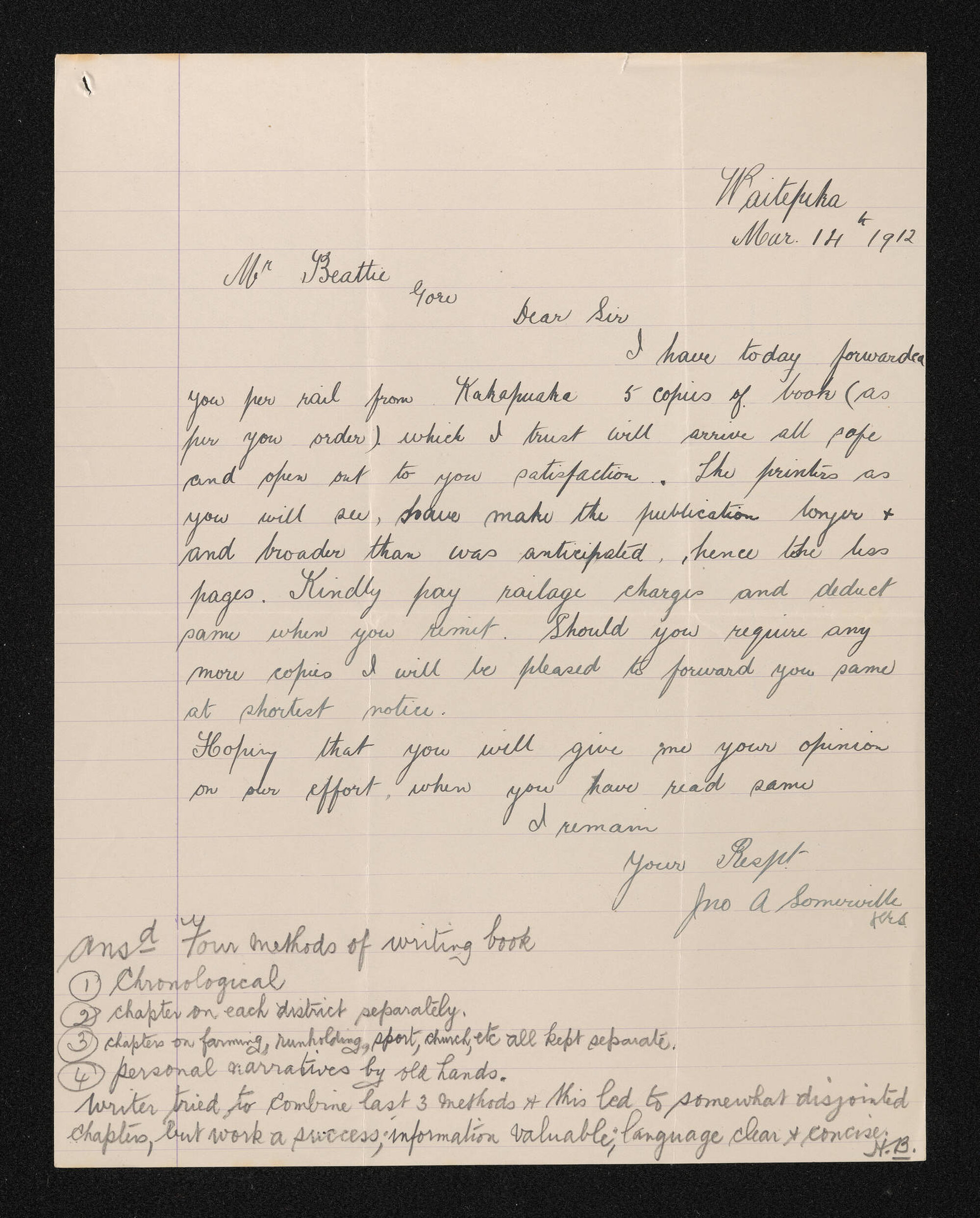 Letter, 14 March 1912, from J.A. Somerville, to Herries Beattie
