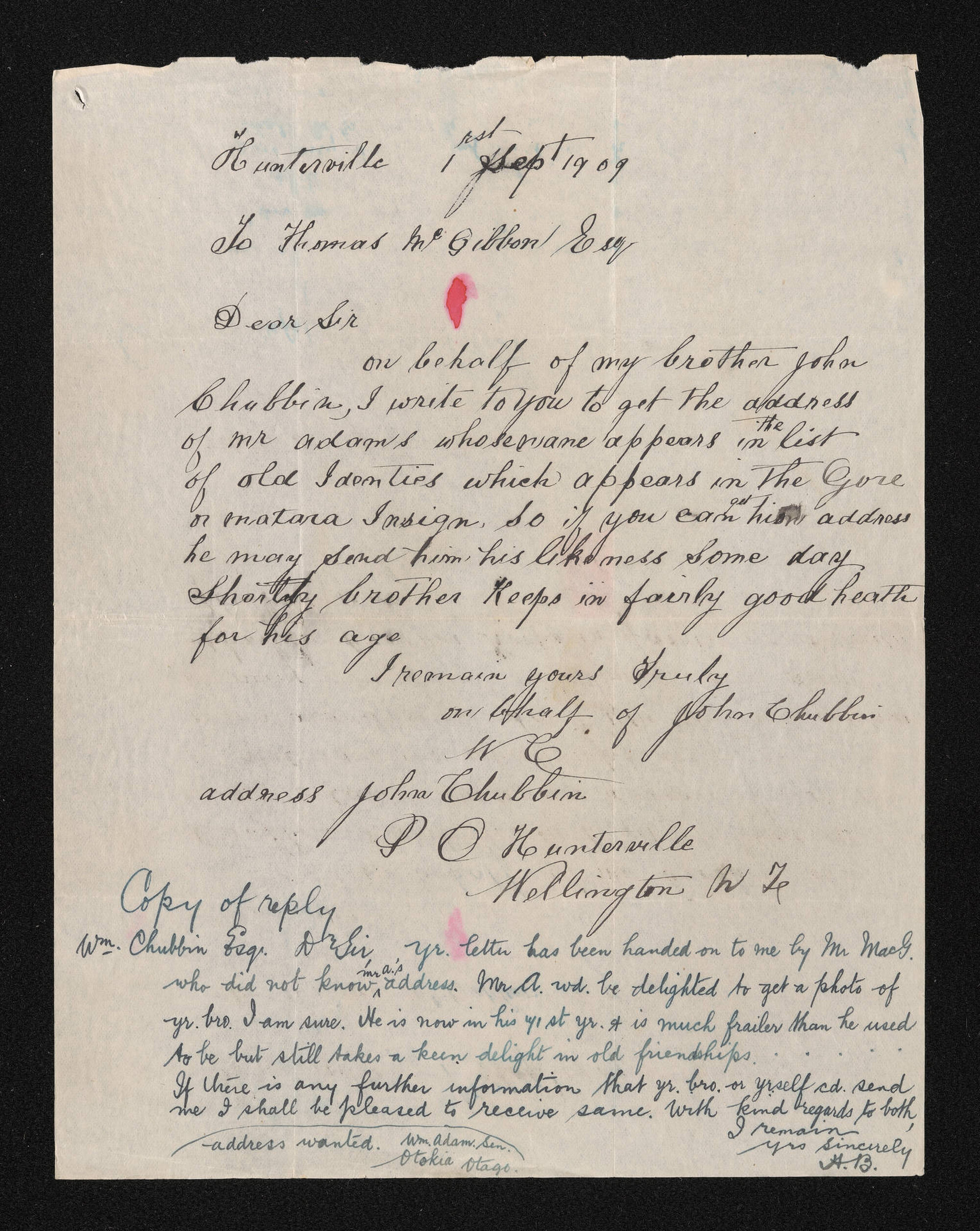 Letter, 1 September 1909, from William Chubbin, to Thomas McGibbon