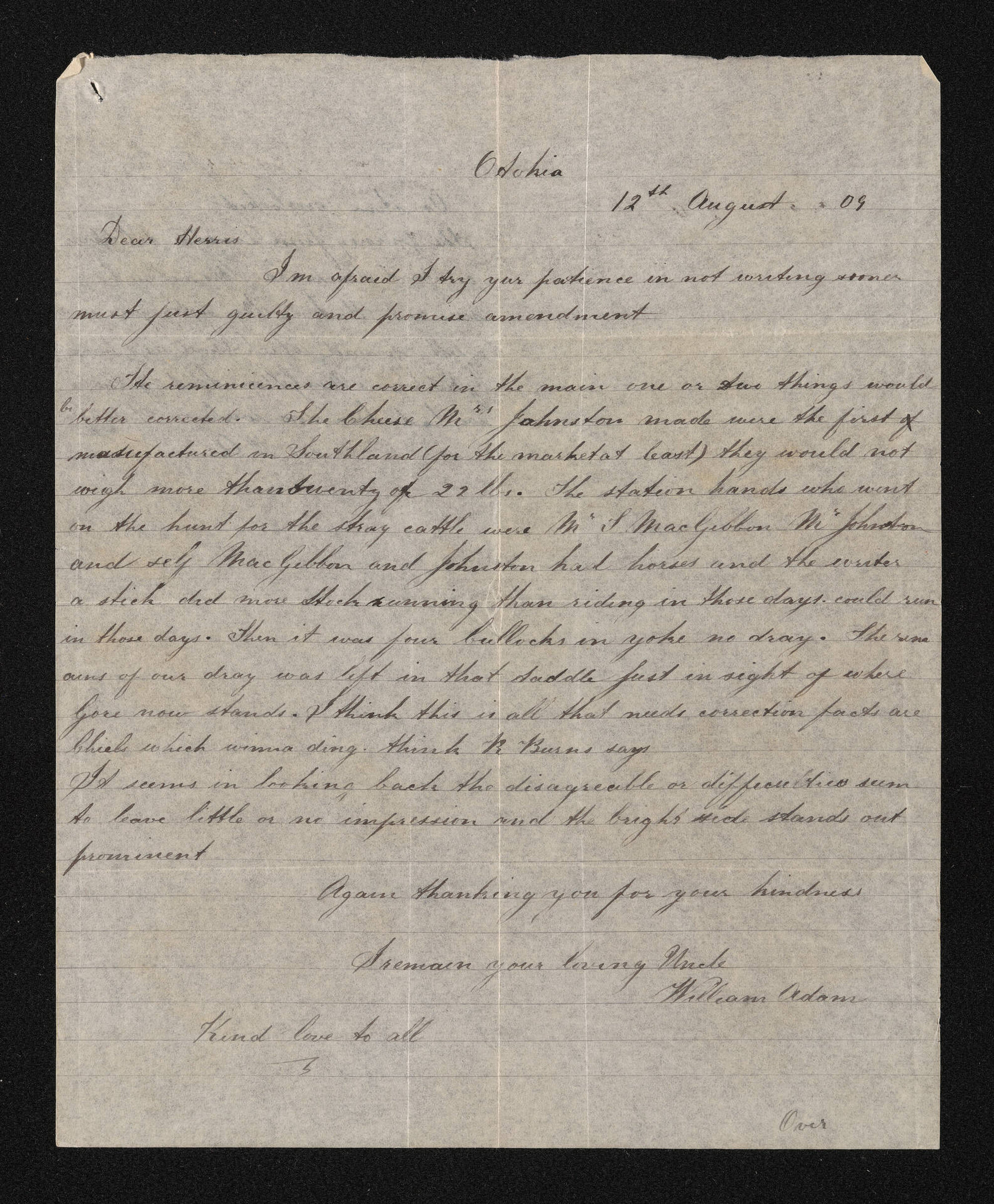 Letter, 12 August 1909, from William Adam, to Herries Beattie