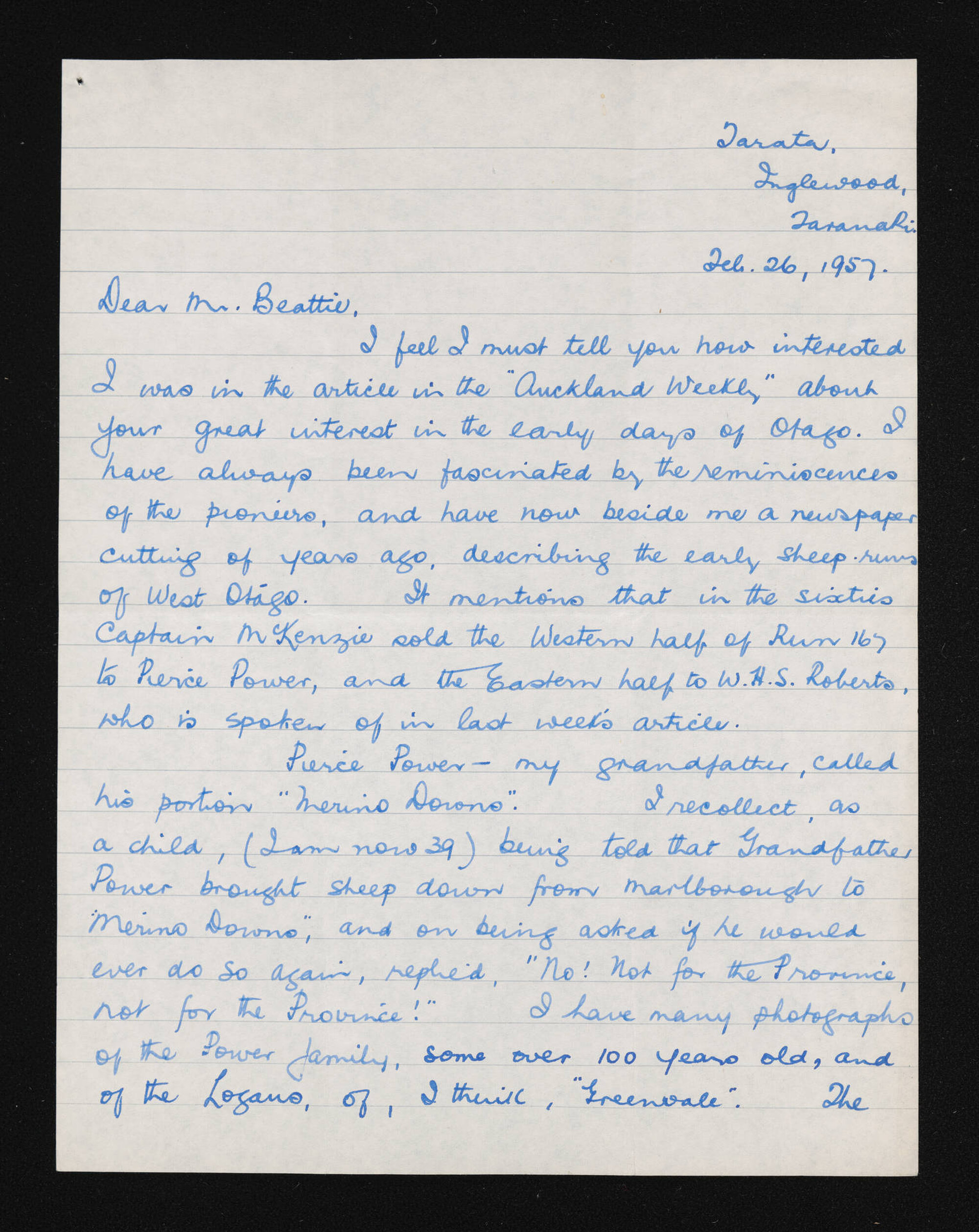 Letter, 26 February 1957, from Patricia H. Watson, to Herries Beattie