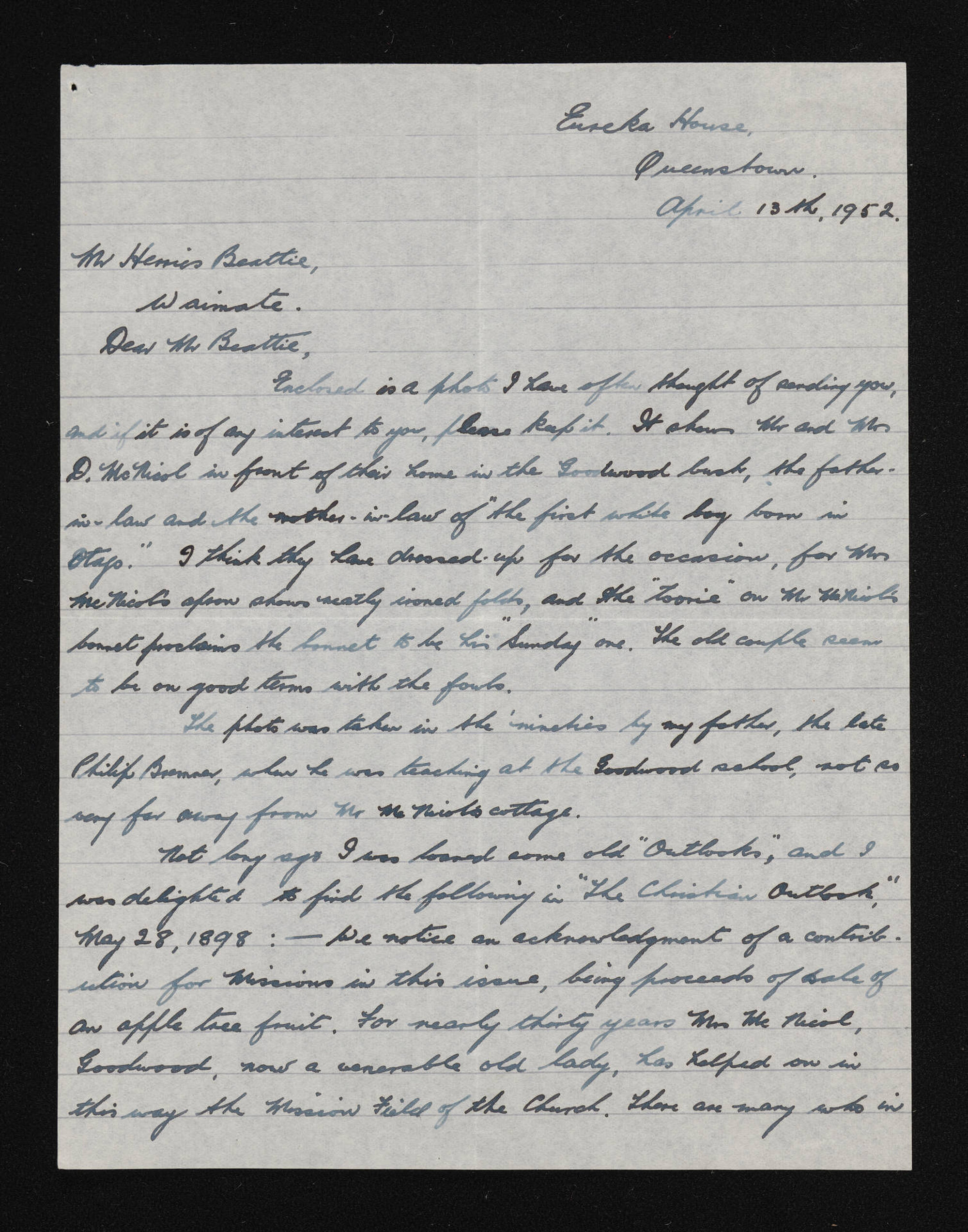 Letter, 13 April 1952, from Ruby H. Foord, to Herries Beattie