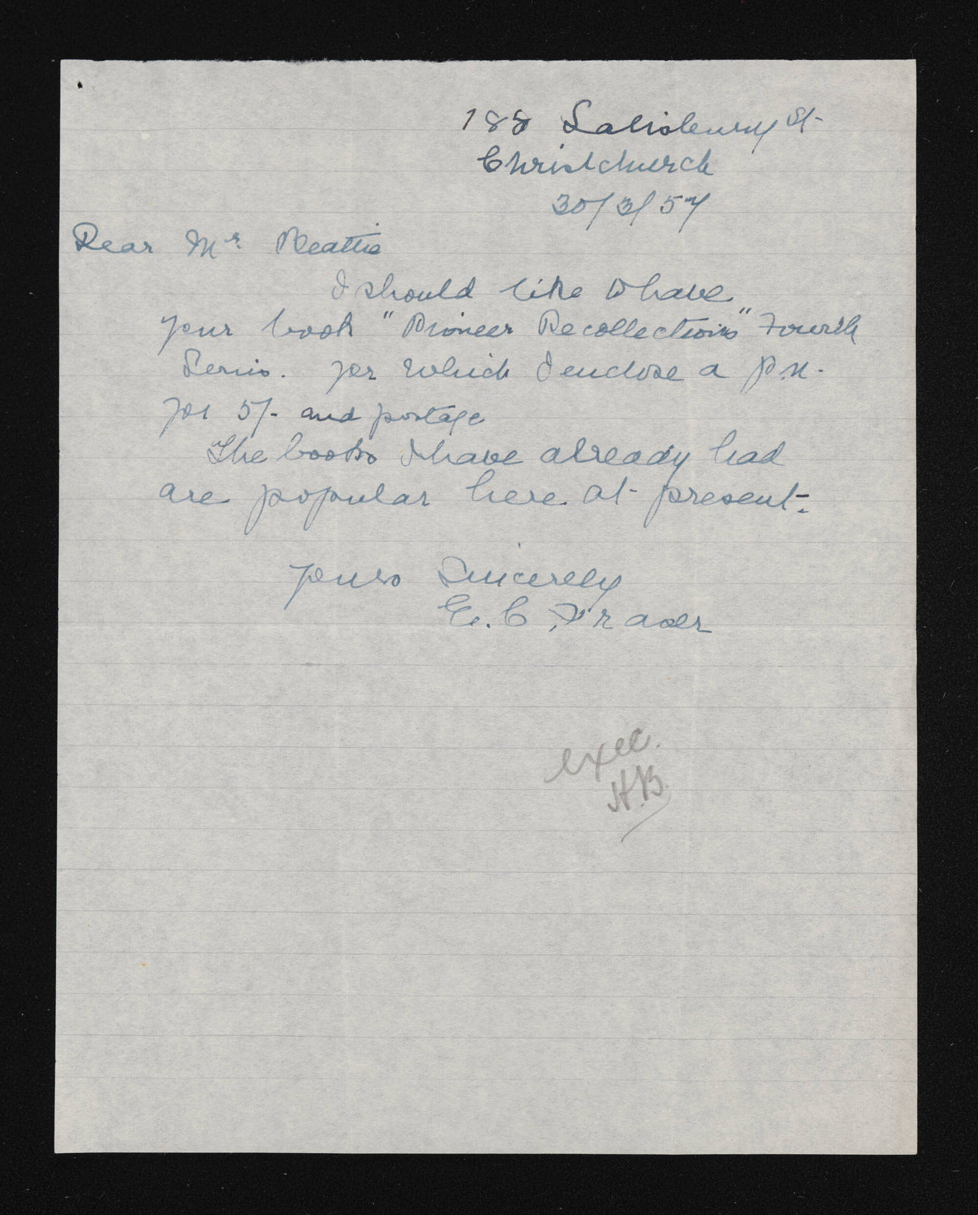 Letter, 30 March 1957, from E.C. Fraser, to Herries Beattie