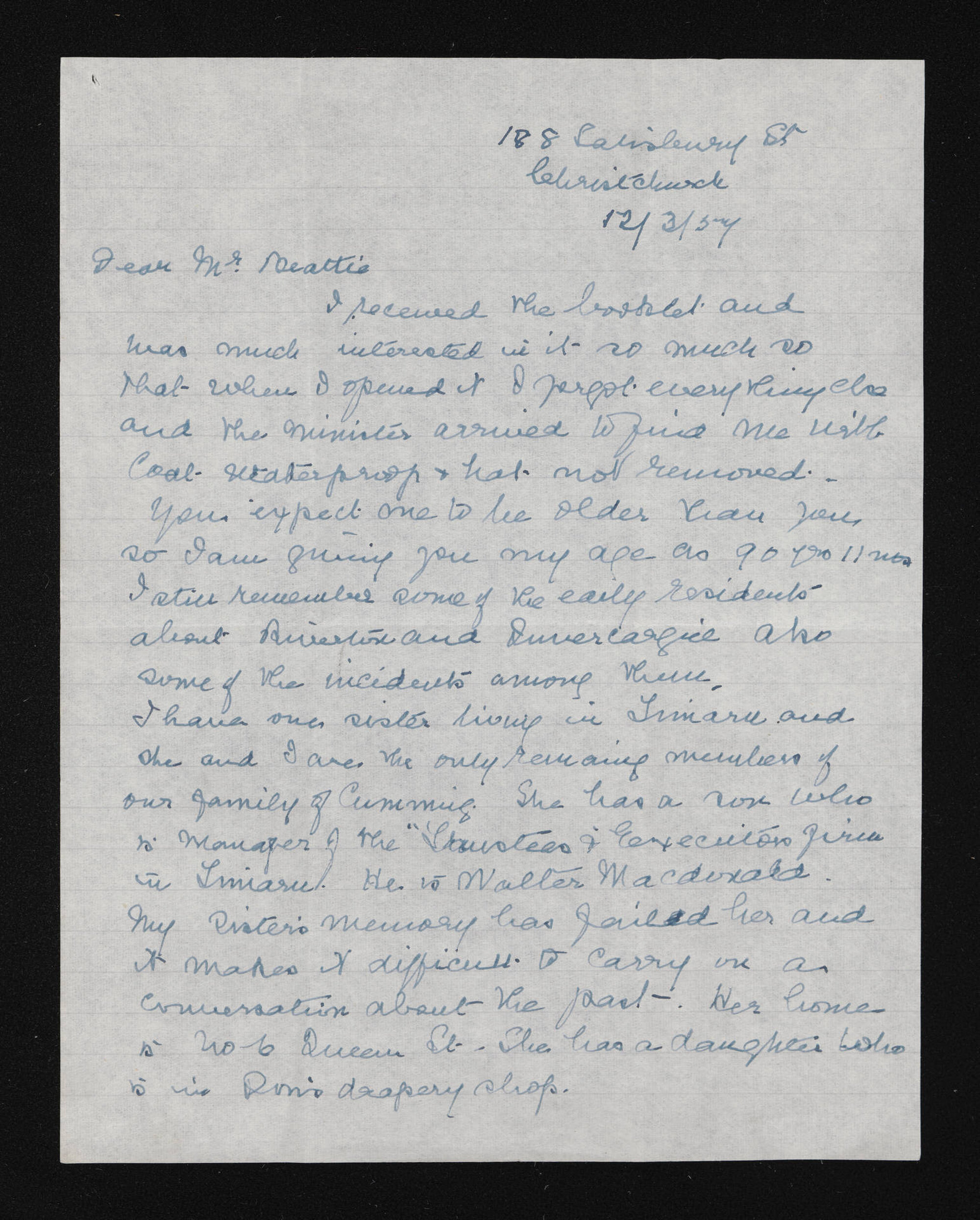 Letter, 12 March 1957, from E.C. Fraser, to Herries Beattie