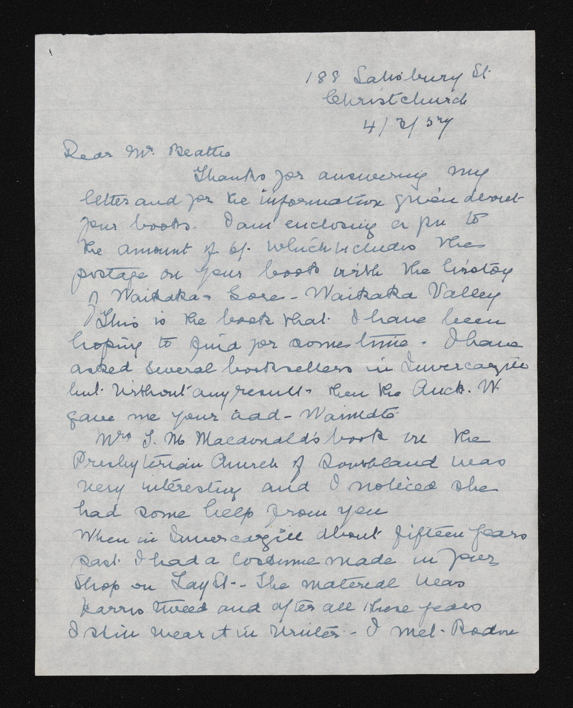 Letter, 4 March 1957, from E.C. Fraser, to Herries Beattie