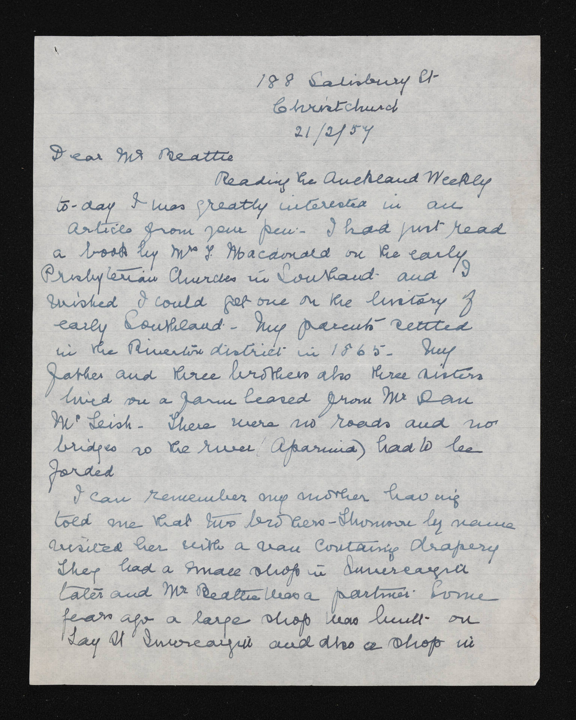 Letter, 21 February 1957, from E.C. Fraser, to Herries Beattie