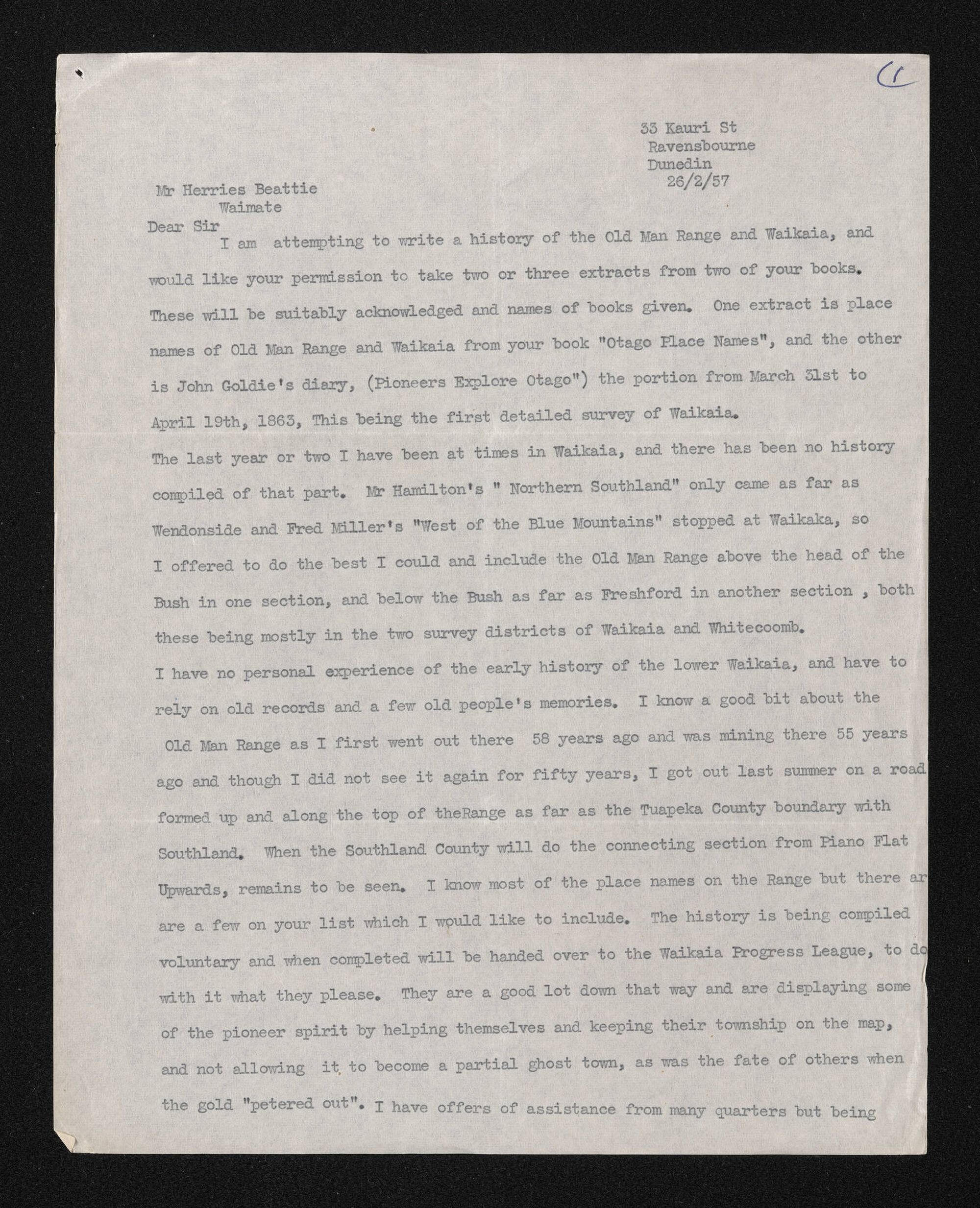 Letter, 26 February 1957, from J.T. Weatherall, to Herries Beattie, regarding the Old Man Range and Waikaia