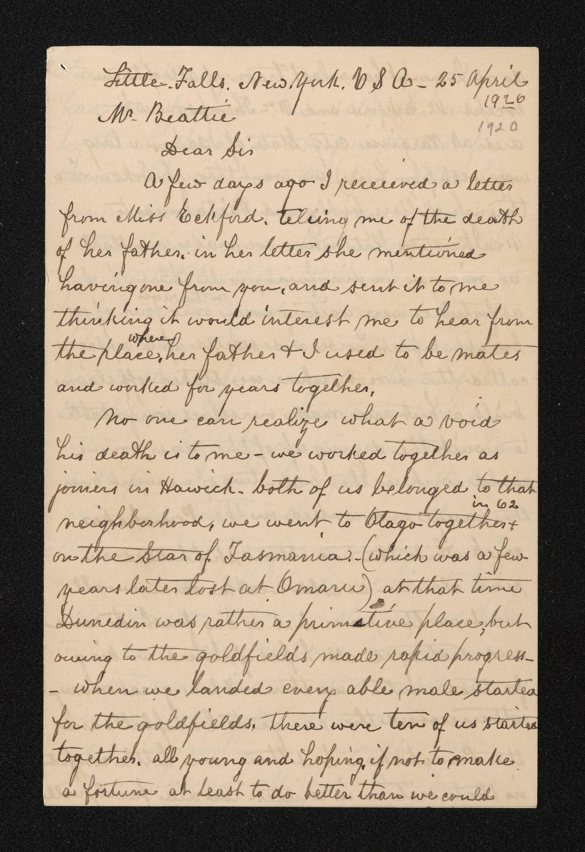 Letter, 25 April 1920 from Andrew Little, to Herries Beattie, regarding his experiences as a gold digger in Otago in the 1860s