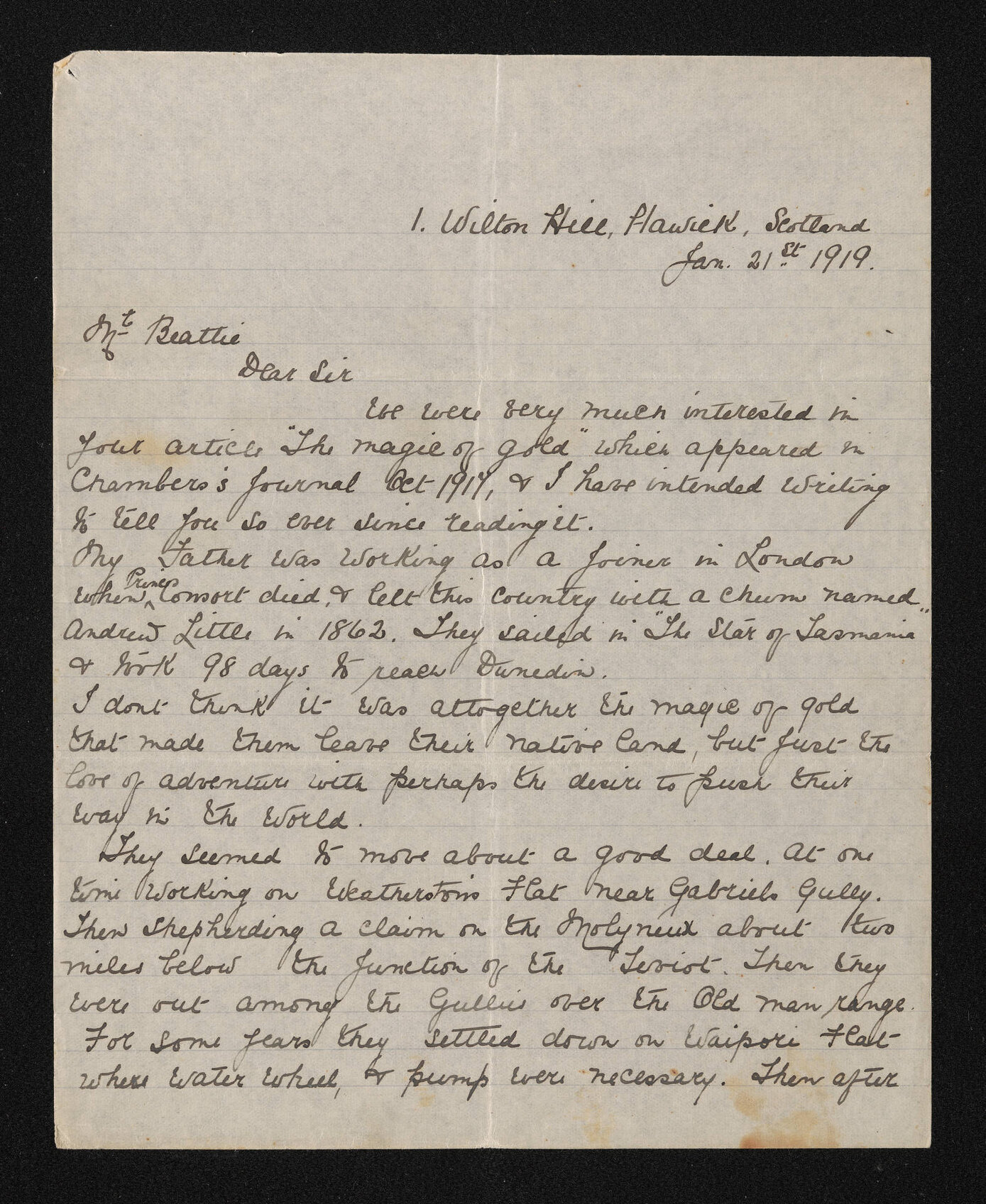 Letter, 21 January 1919, from Lizzie Eckford, to Herries Beattie, regarding her father's experiences as a gold digger in Otago in the 1860s