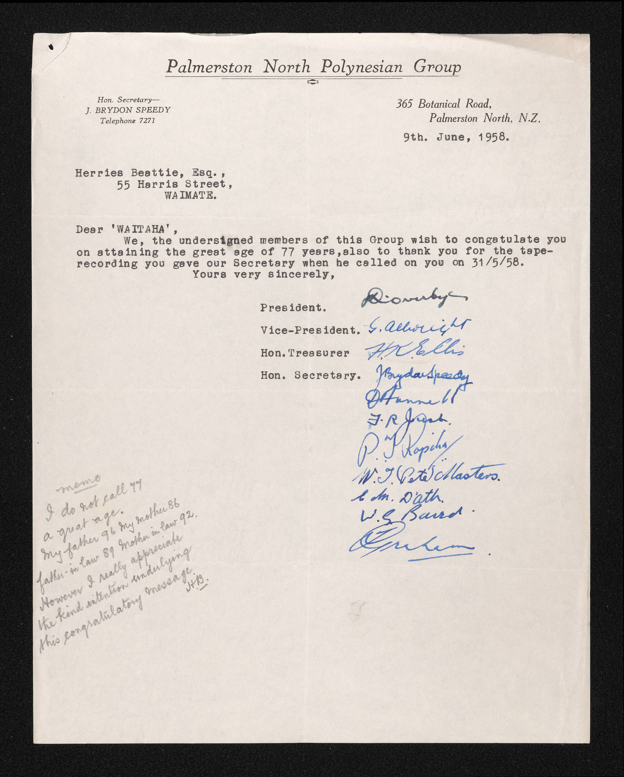 Letter, 9 June 1958, from J. Brydon Speedy and the Palmerston North Polynesian Group, to Herries Beattie