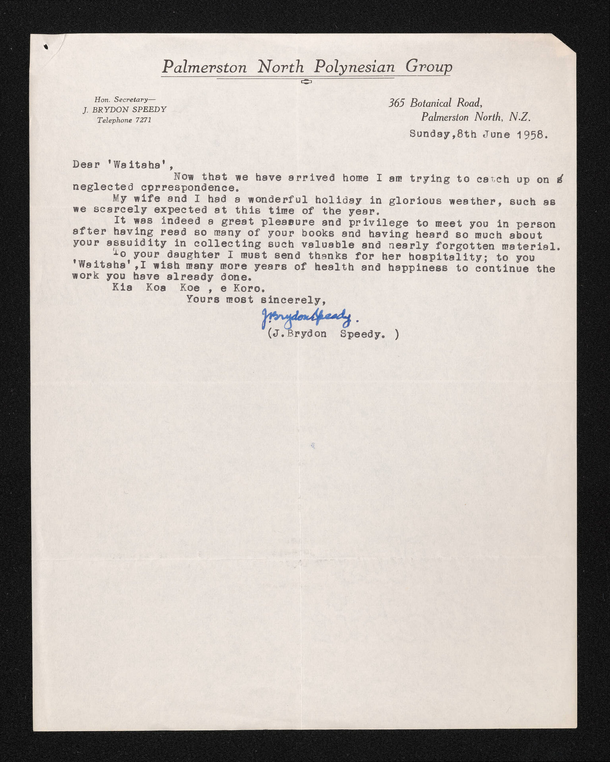 Letter, 8 June 1958, from J. Brydon Speedy, to Herries Beattie