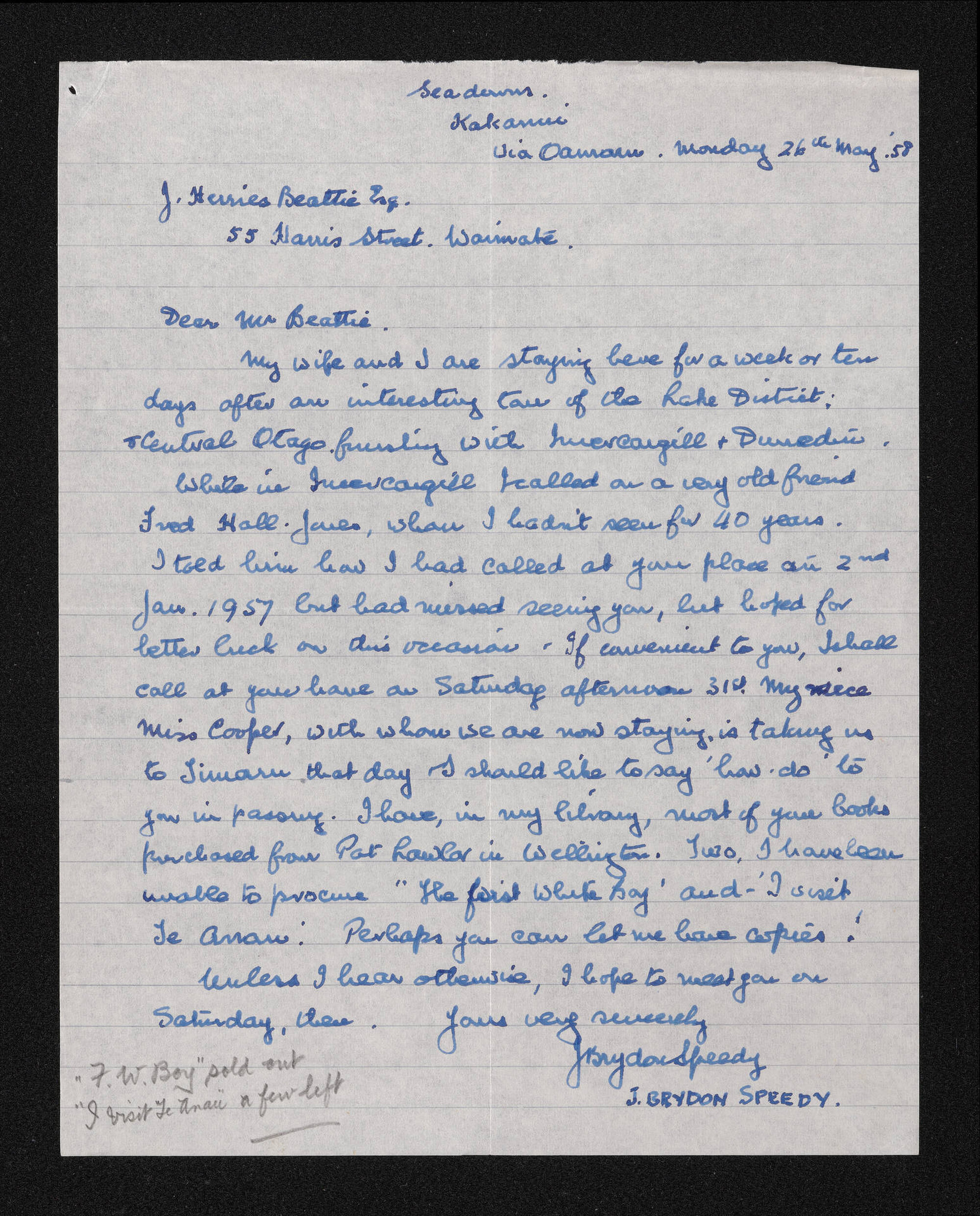 Letter, 26 May 1958, from J. Brydon Speedy, to Herries Beattie
