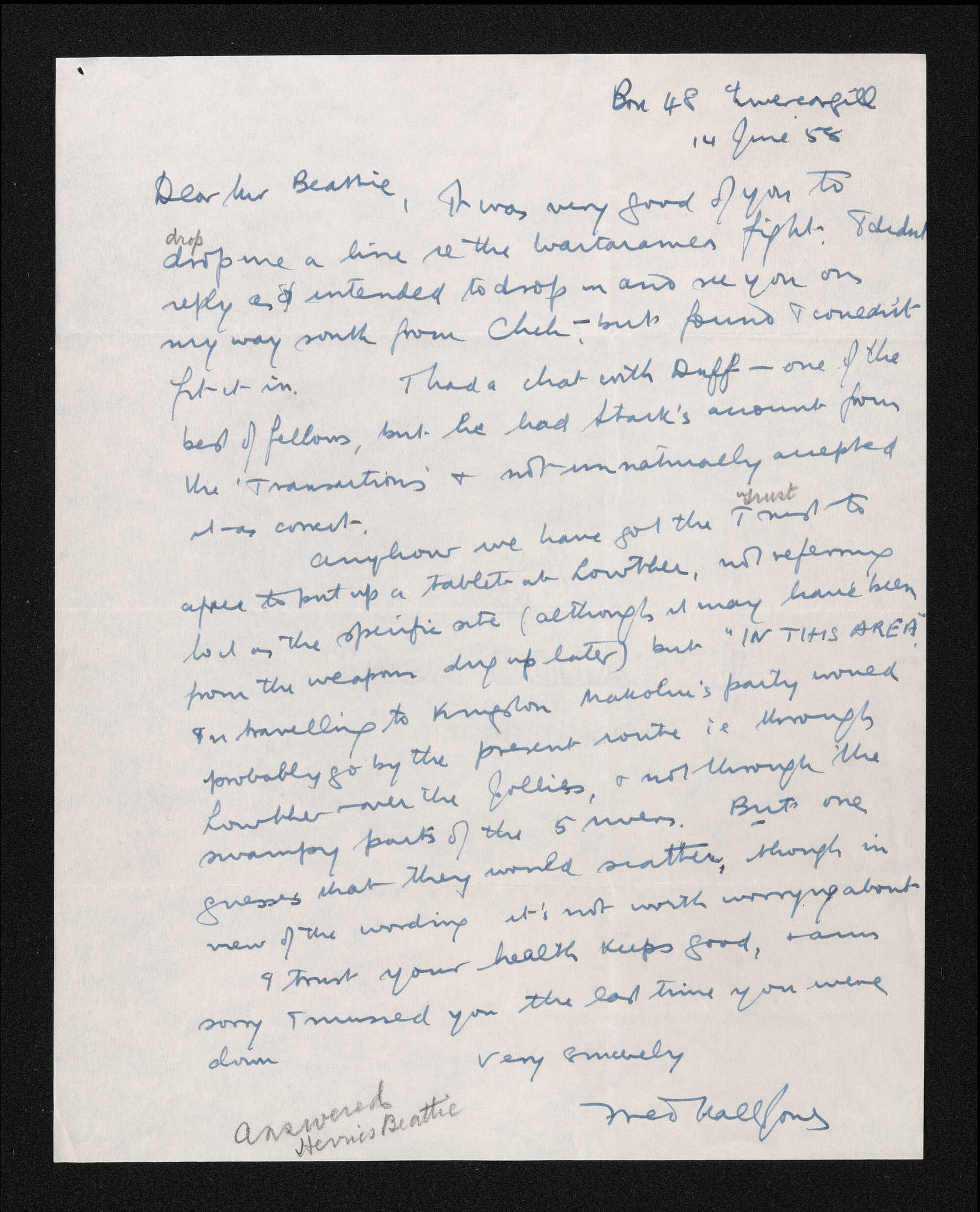 Letter, 14 June 1958, from Fred Hall-Jones, to Herries Beattie