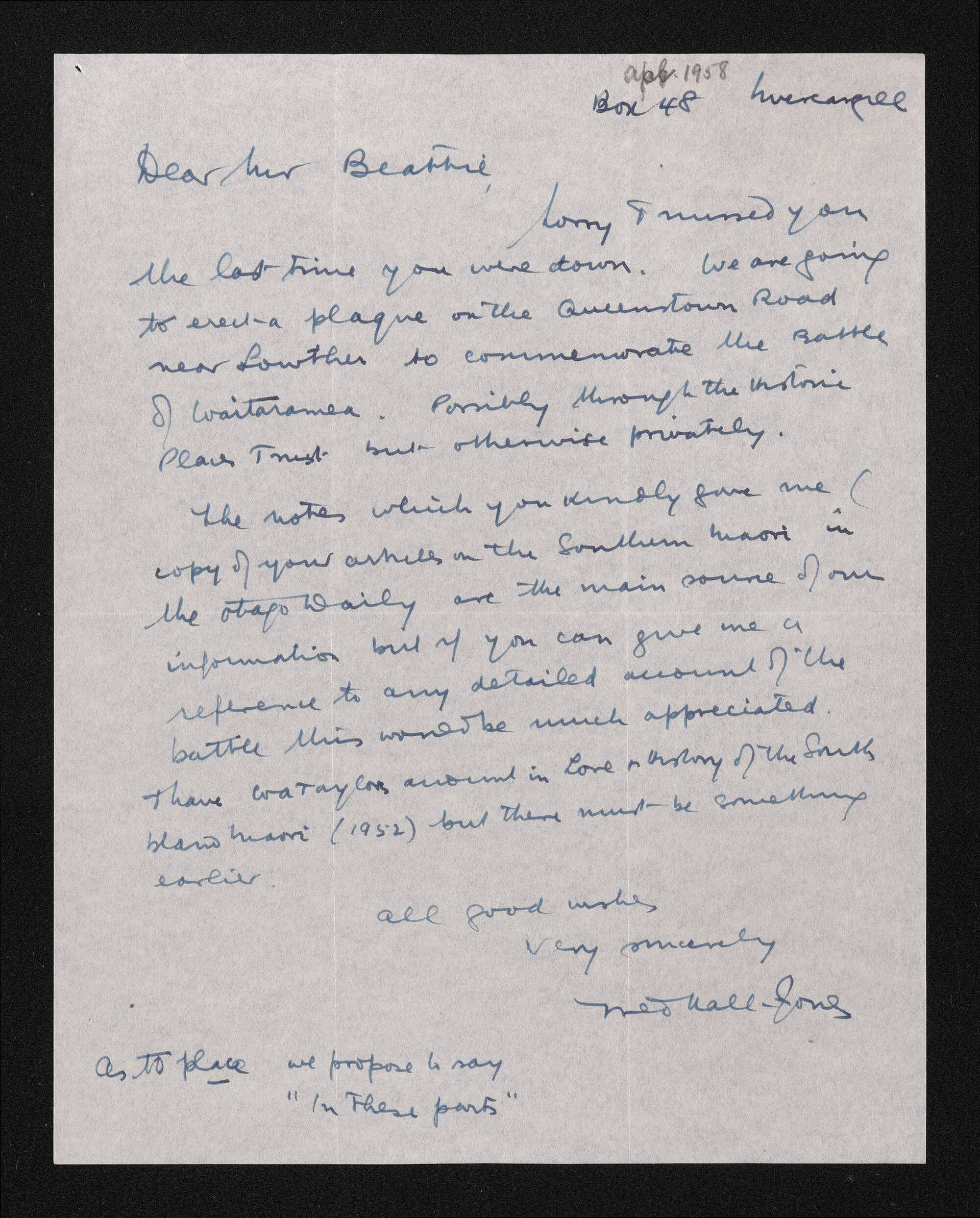 Letter, April 1958, from Fred Hall-Jones, to Herries Beattie