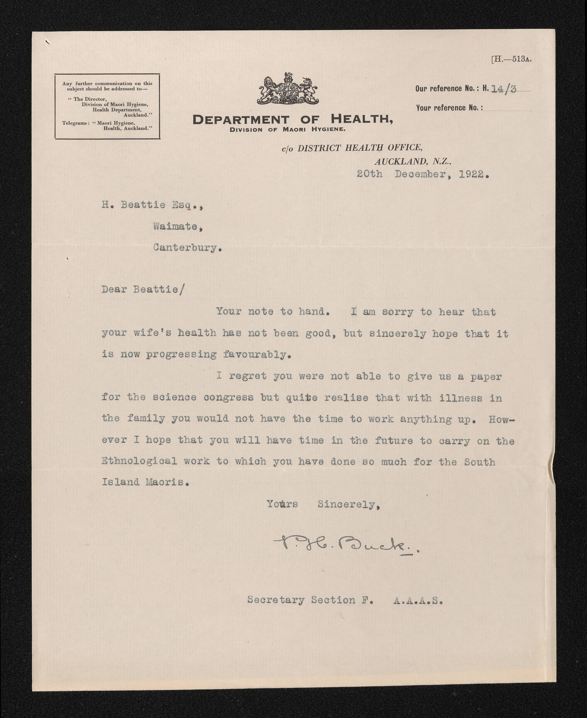Letter, 20 December 1922, from P.H. Buck, to Herries Beattie