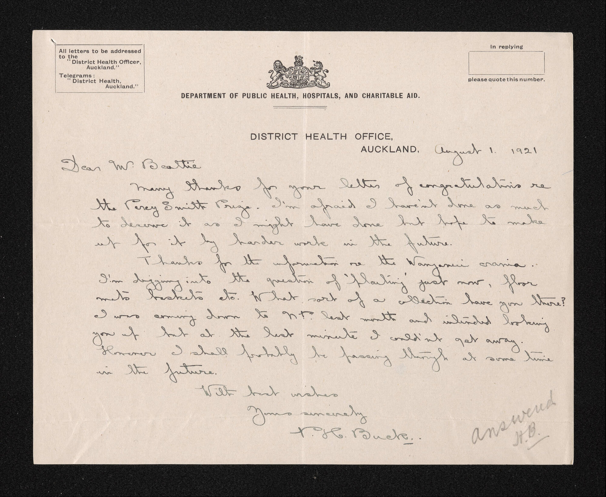 Letter, 1 August 1921, from P.H. Buck, to Herries Beattie