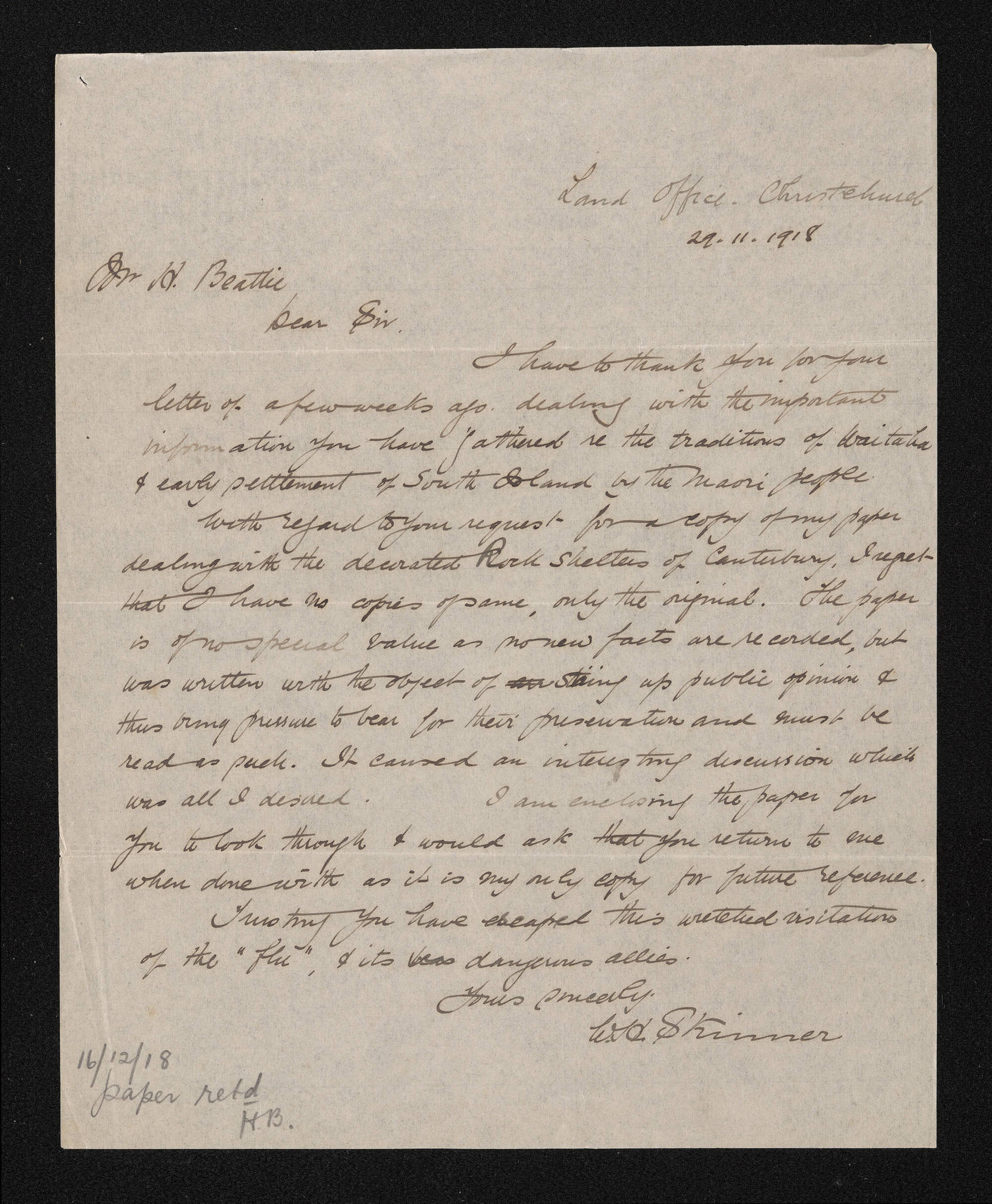Letter, 29 November 1918, from W.H. Skinner, to Herries Beattie