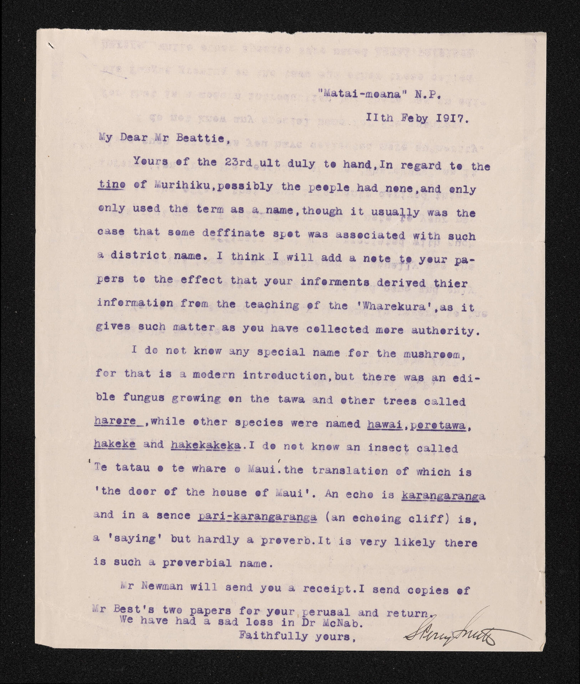 Letter, 11 February 1917, from S. Percy Smith, to Herries Beattie