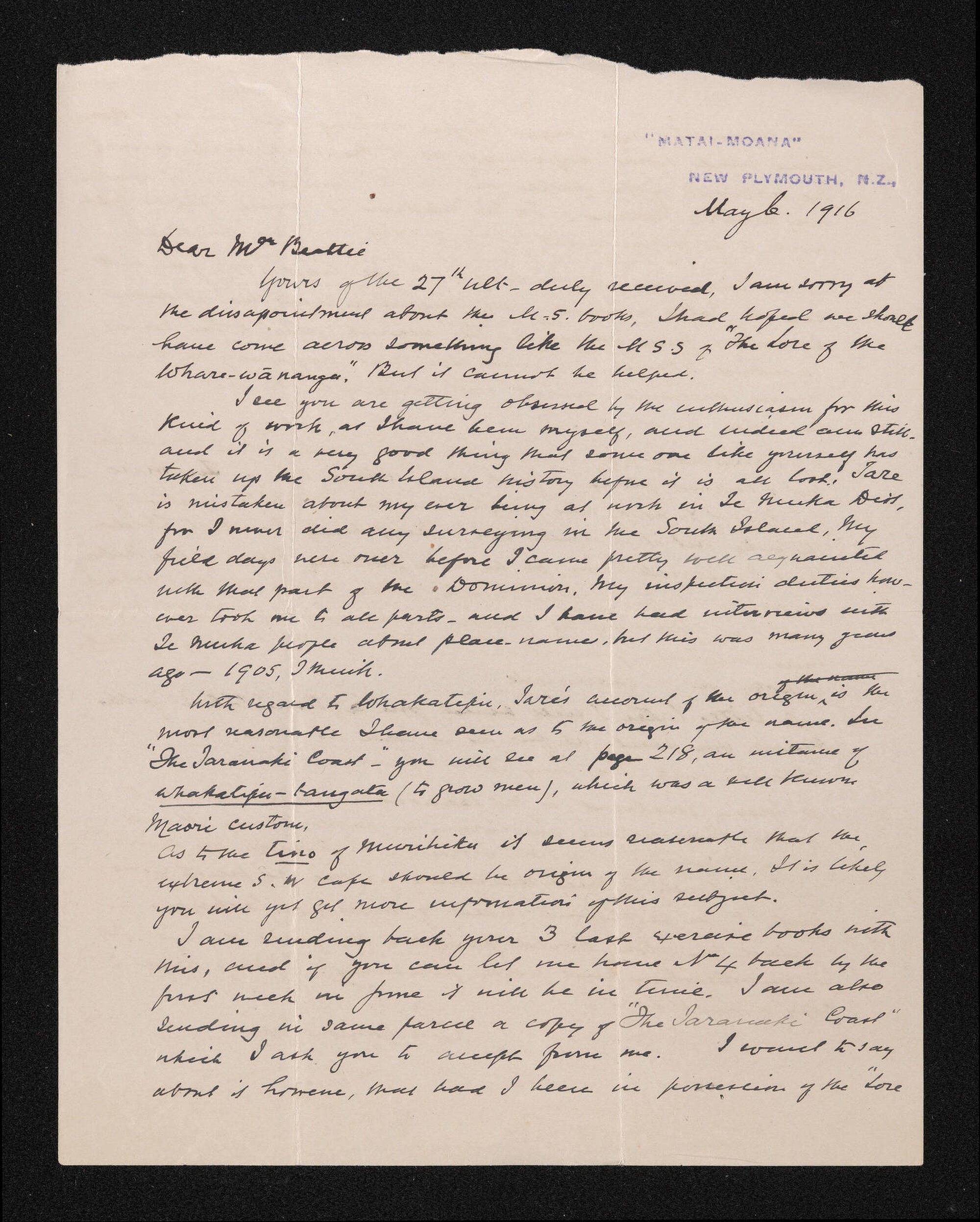 Letter, 6 May 1916, from S. Percy Smith, to Herries Beattie regarding translations