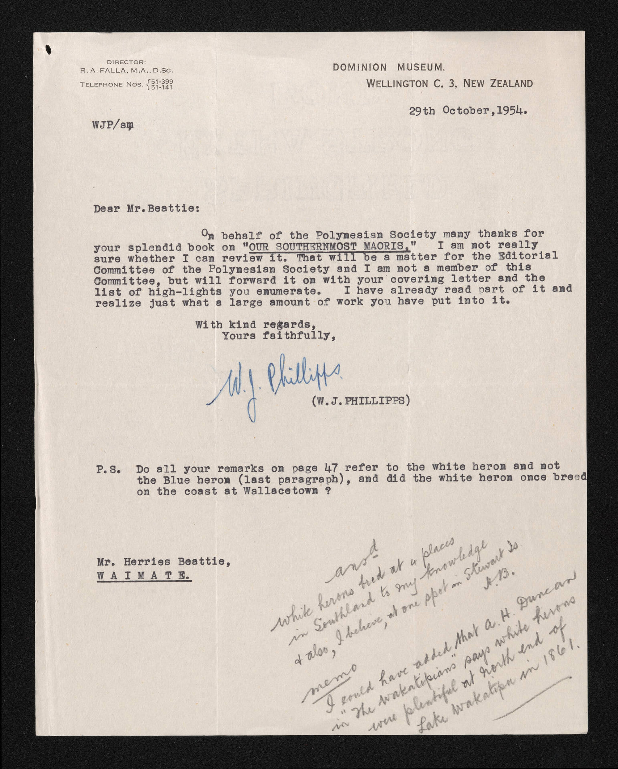 Letter, 29 October 1954, from W.J. Phillipps, to Herries Beattie