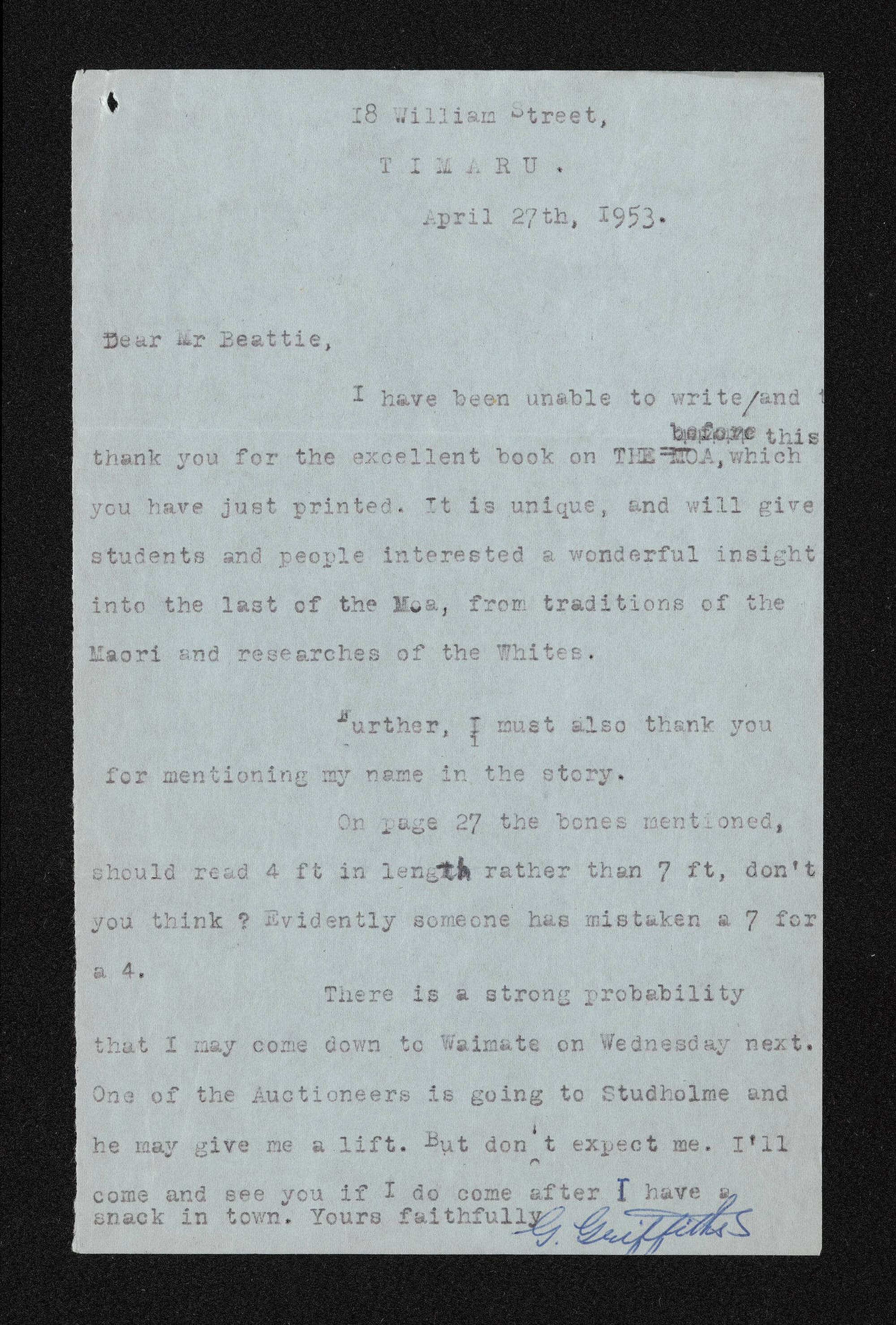 Letter, 27 April 1953, from Gordon Griffiths, to Herries Beattie