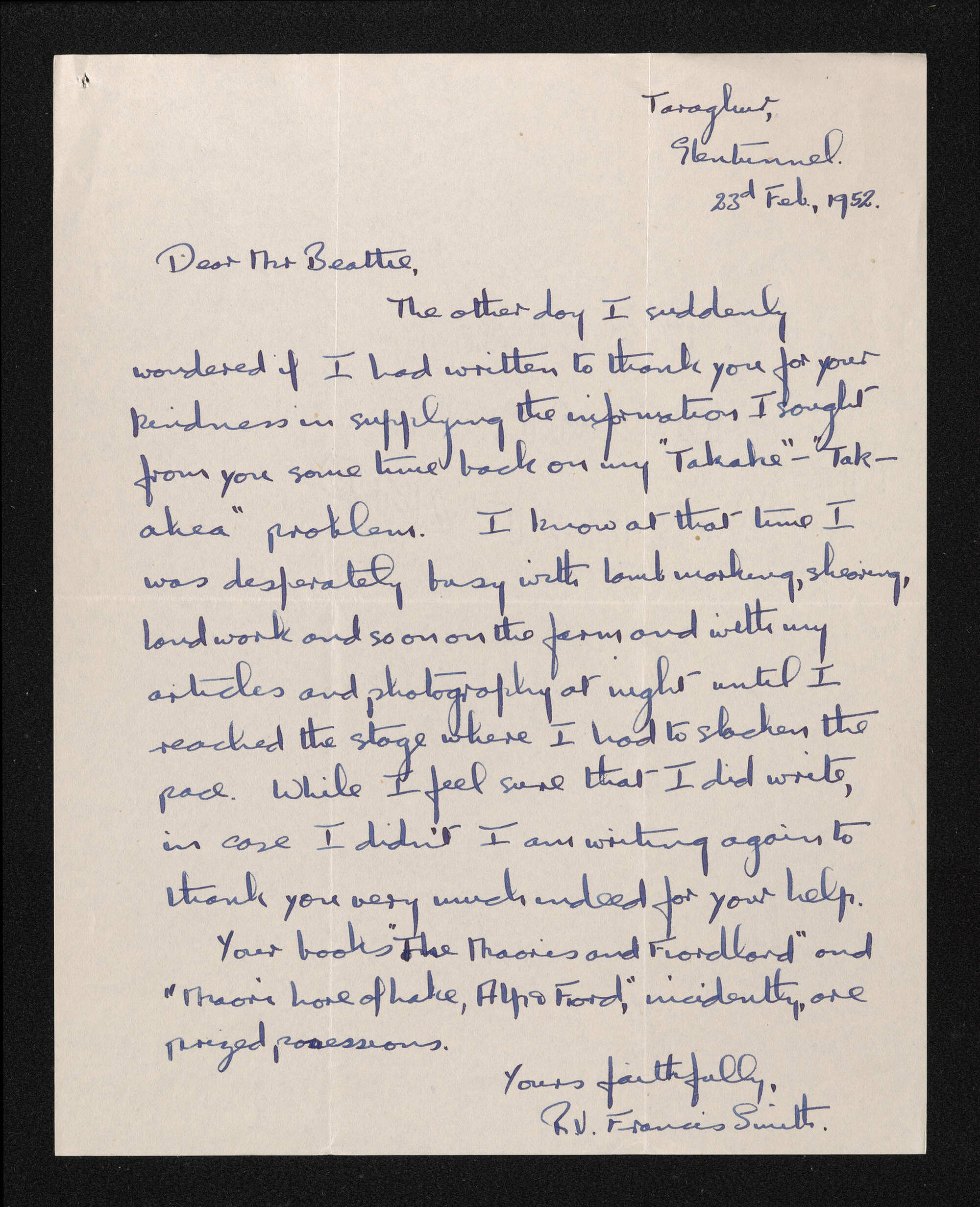 Letter, 23 February 1952, from Francis Smith, to Herries Beattie