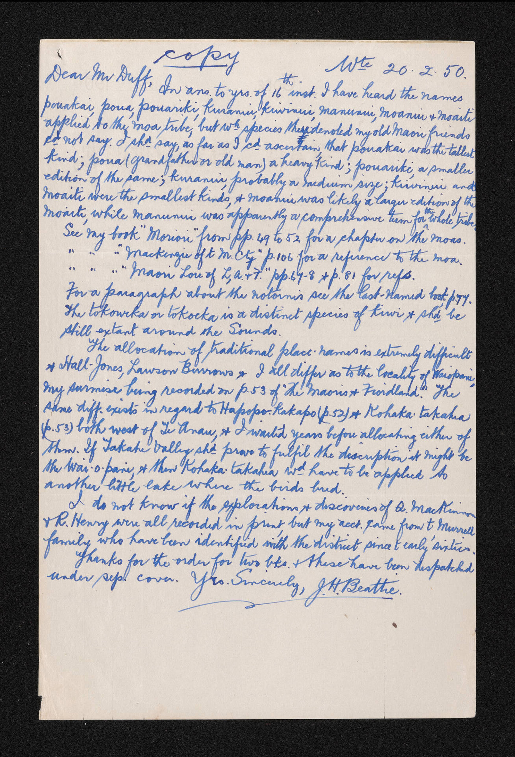 Copy of letter, 20 February 1950, from Herries Beattie, to Roger Duff