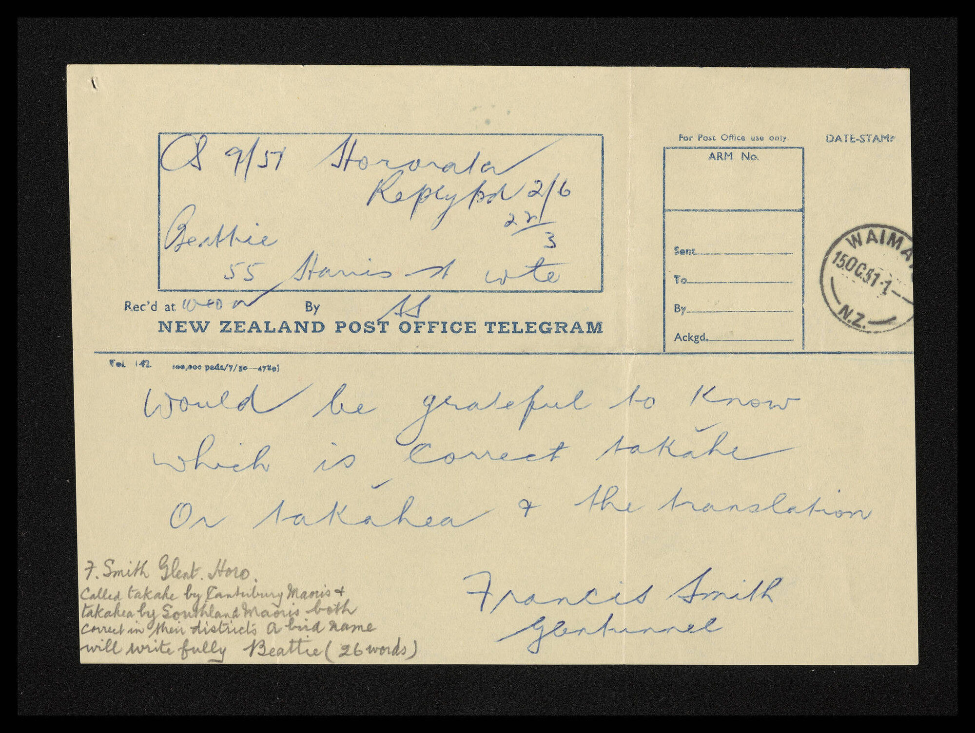 Telegram, October 1951, from Francis Smith, to Herries Beattie