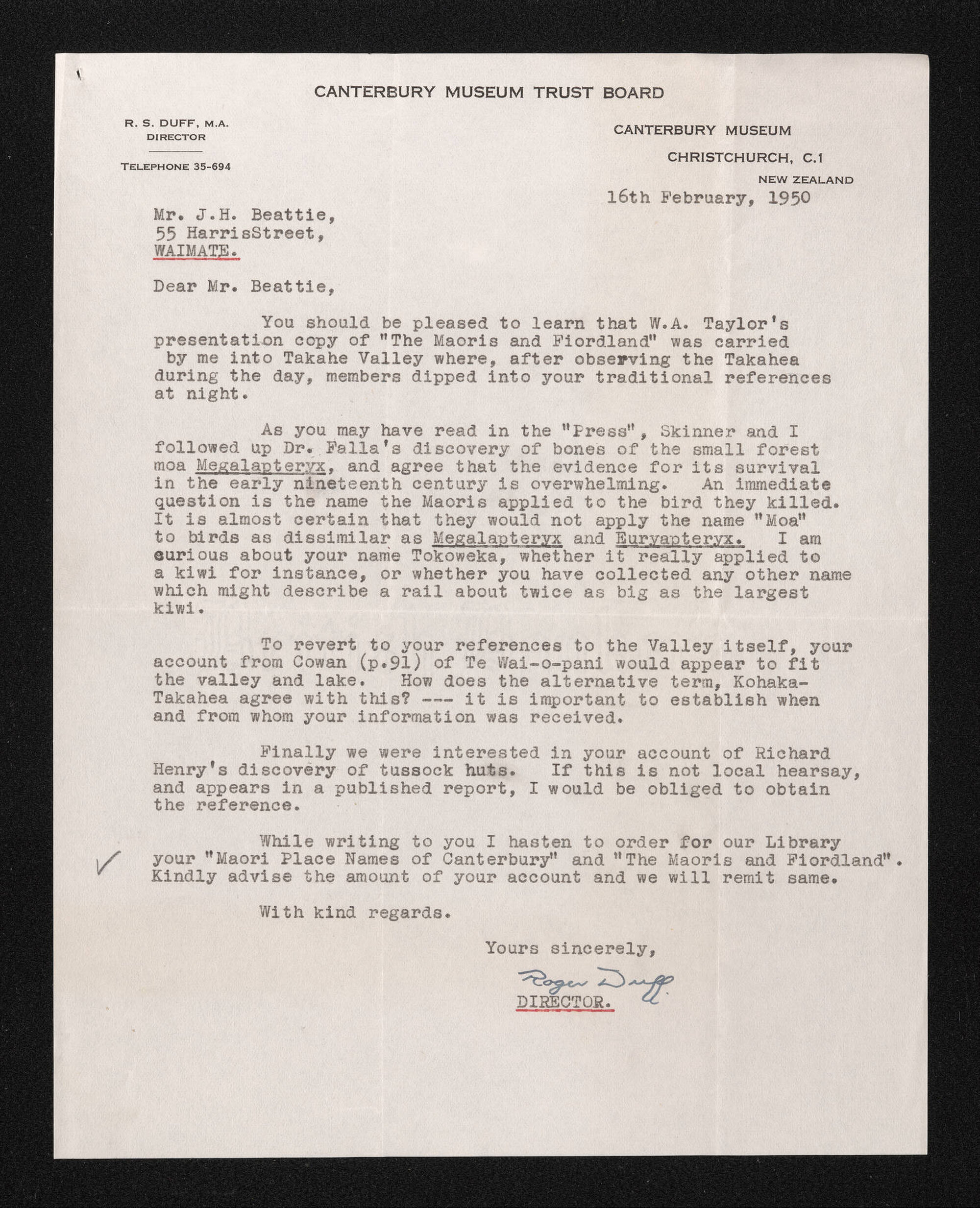 Letter, 16 February 1950, from Roger Duff, to Herries Beattie