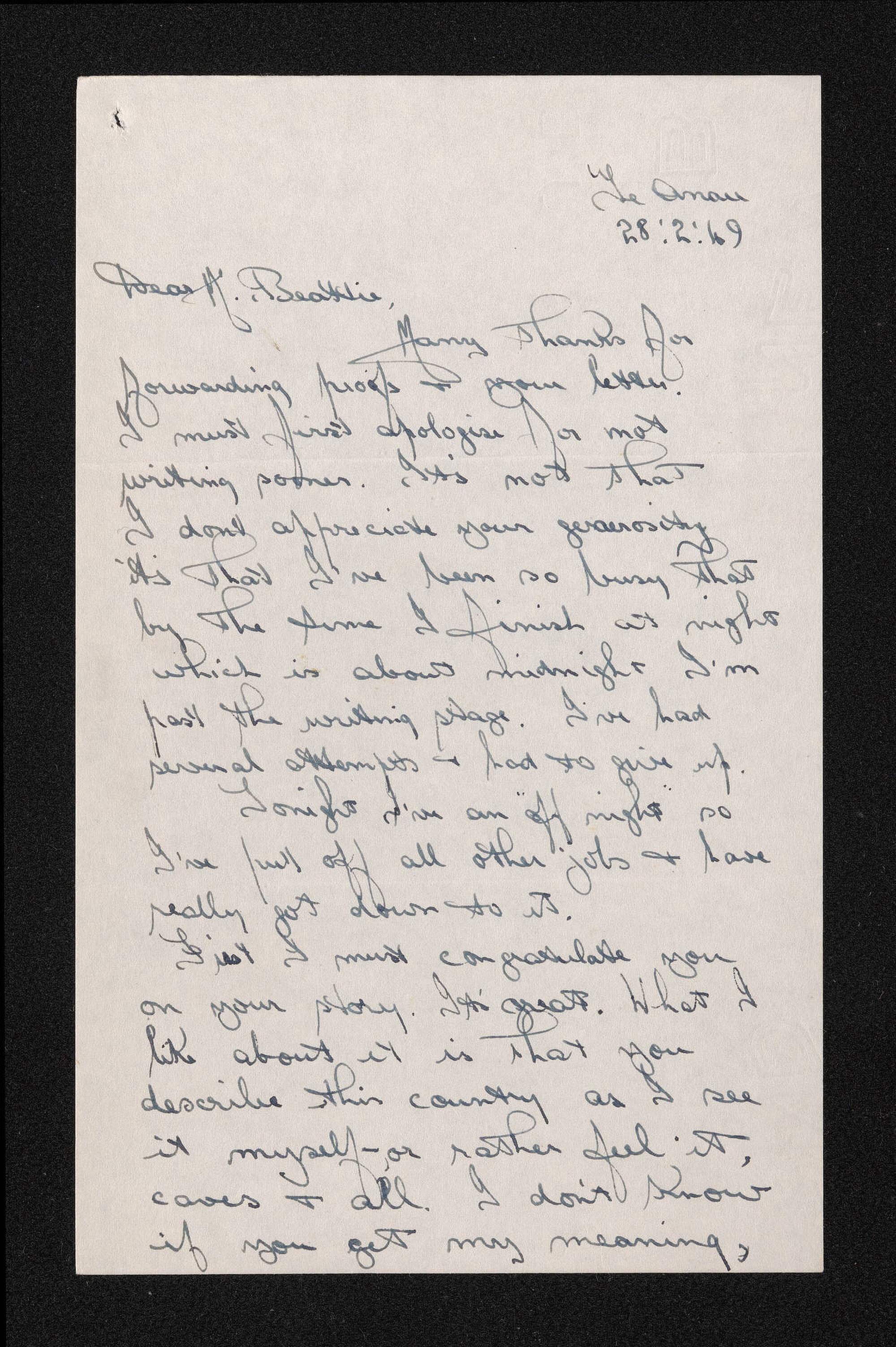 Letter, 28 February 1949, from Lawson Burrows, to Herries Beattie
