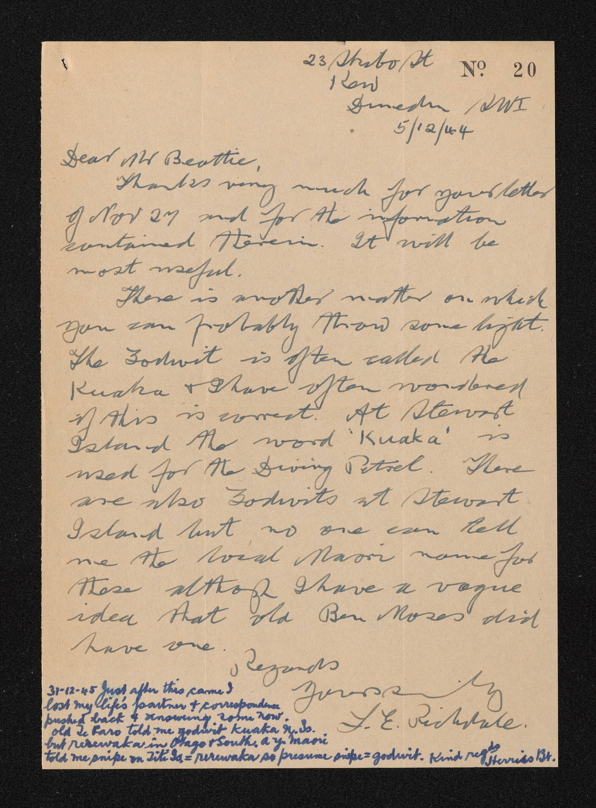 Letter, 5 December 1944, from  L.E. Richdale, to Herries Beattie