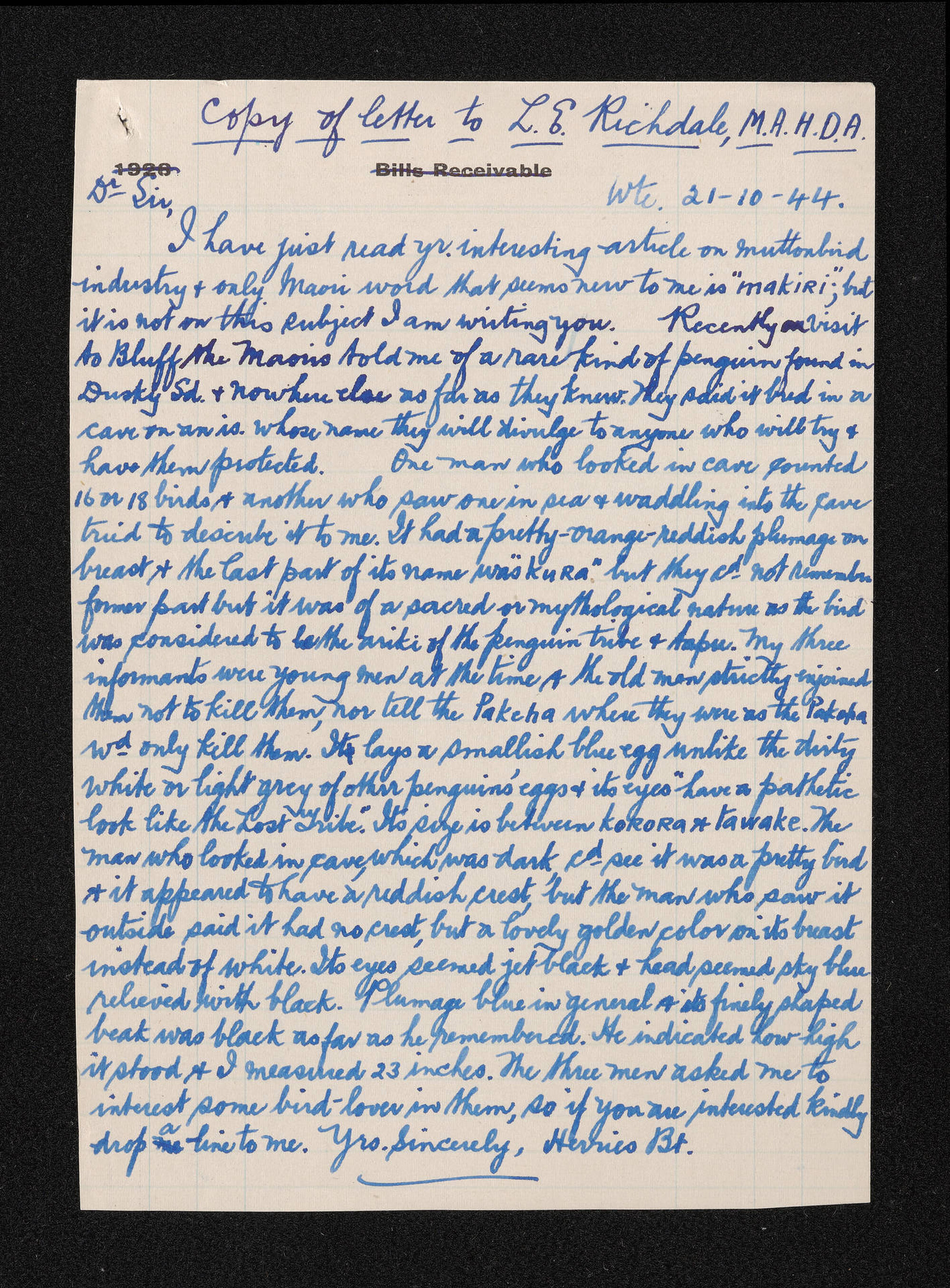 Copy of letter, 21 October 1944, from Herries Beattie, to L.E. Richdale