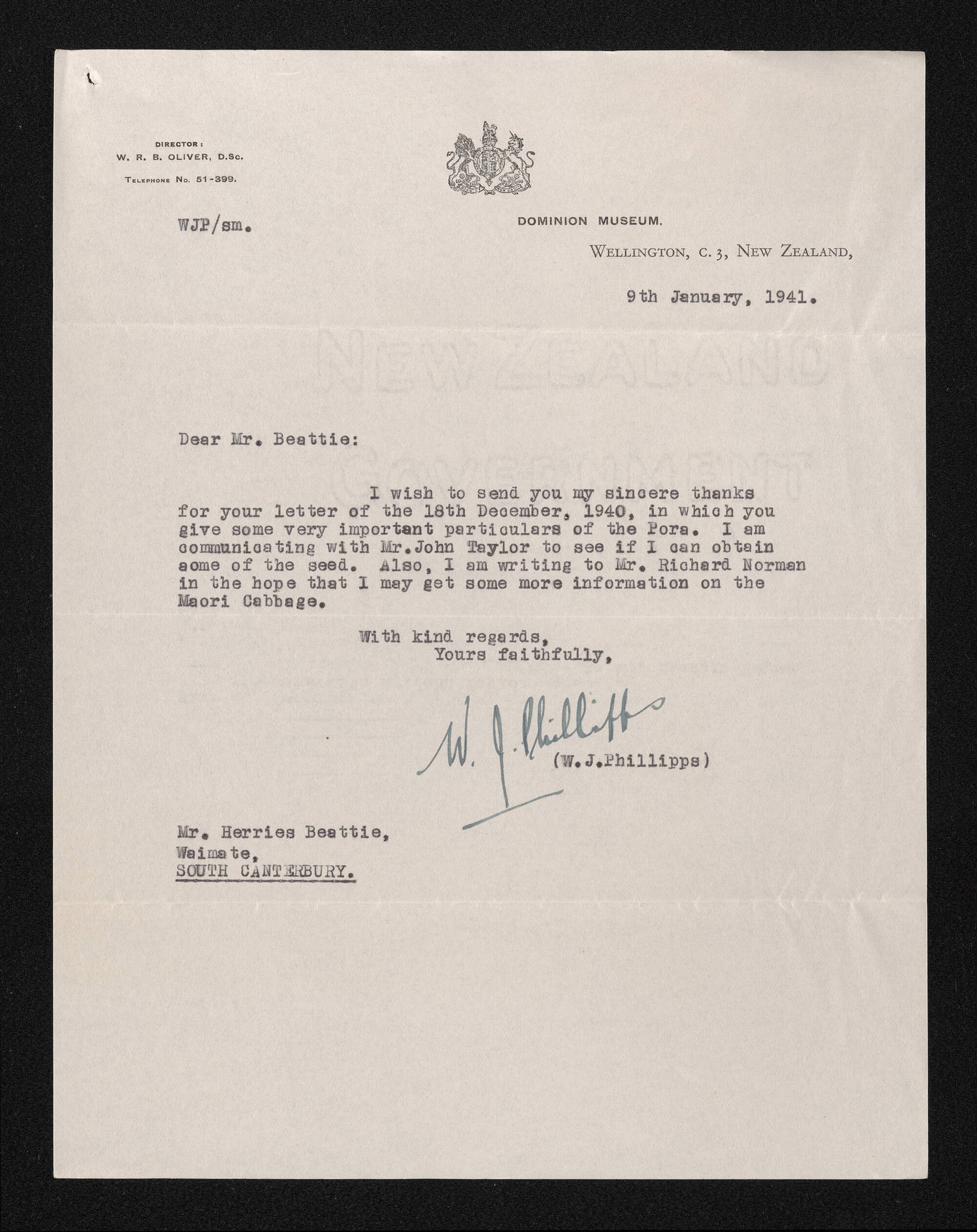 Letter, 9 January 1941, from W.J. Phillipps, to Herries Beattie
