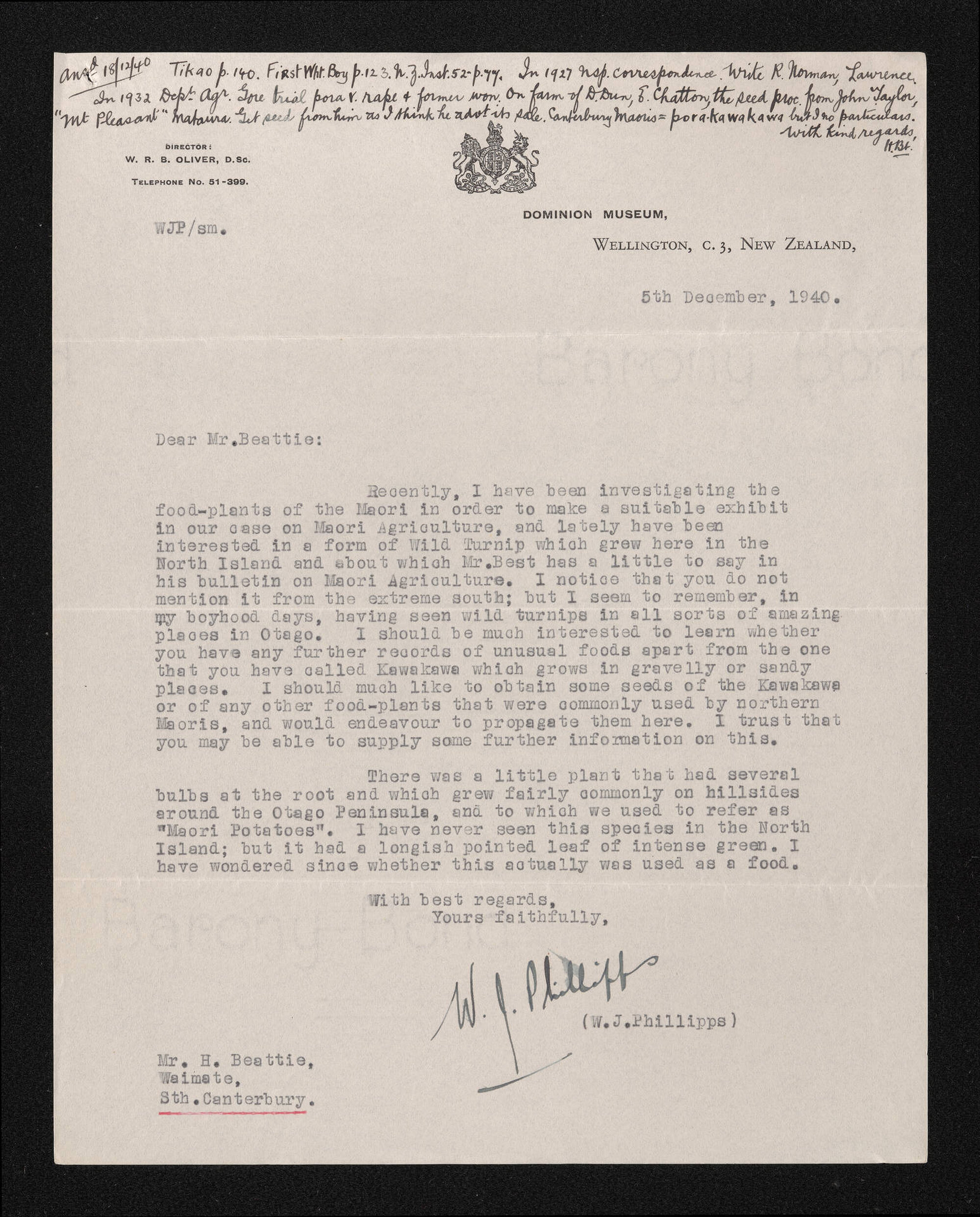 Letter, 5 December 1940, from W.J. Phillipps, to Herries Beattie