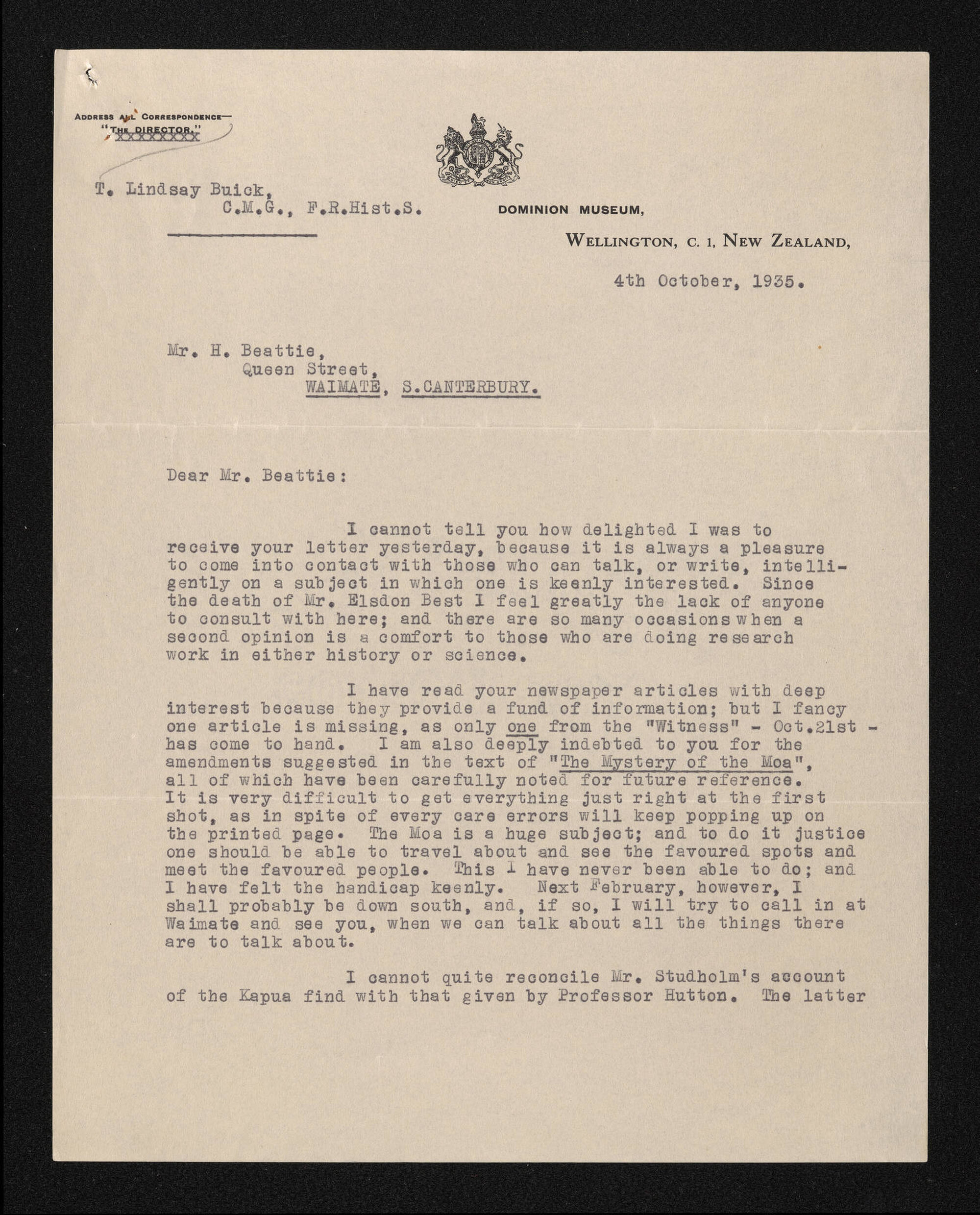 Letter, 4 October 1935, from T. Lindsay Buick, to Herries Beattie