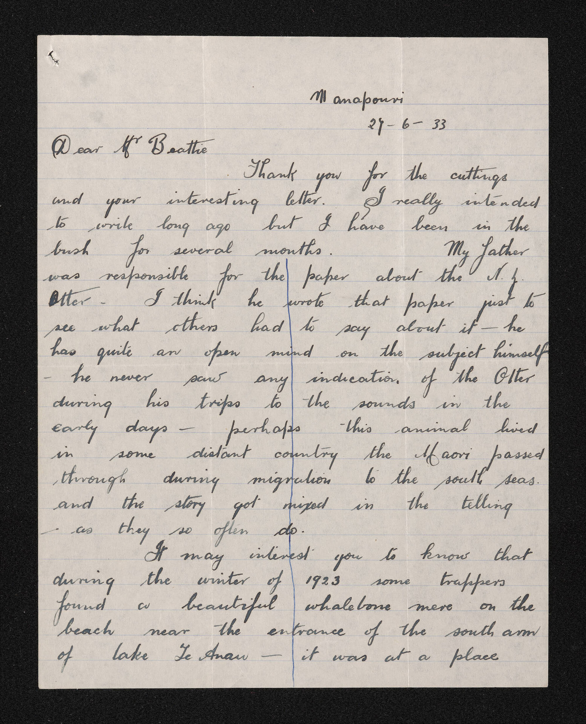 Letter, 27 June 1933, from Raymond Murrell, to Herries Beattie