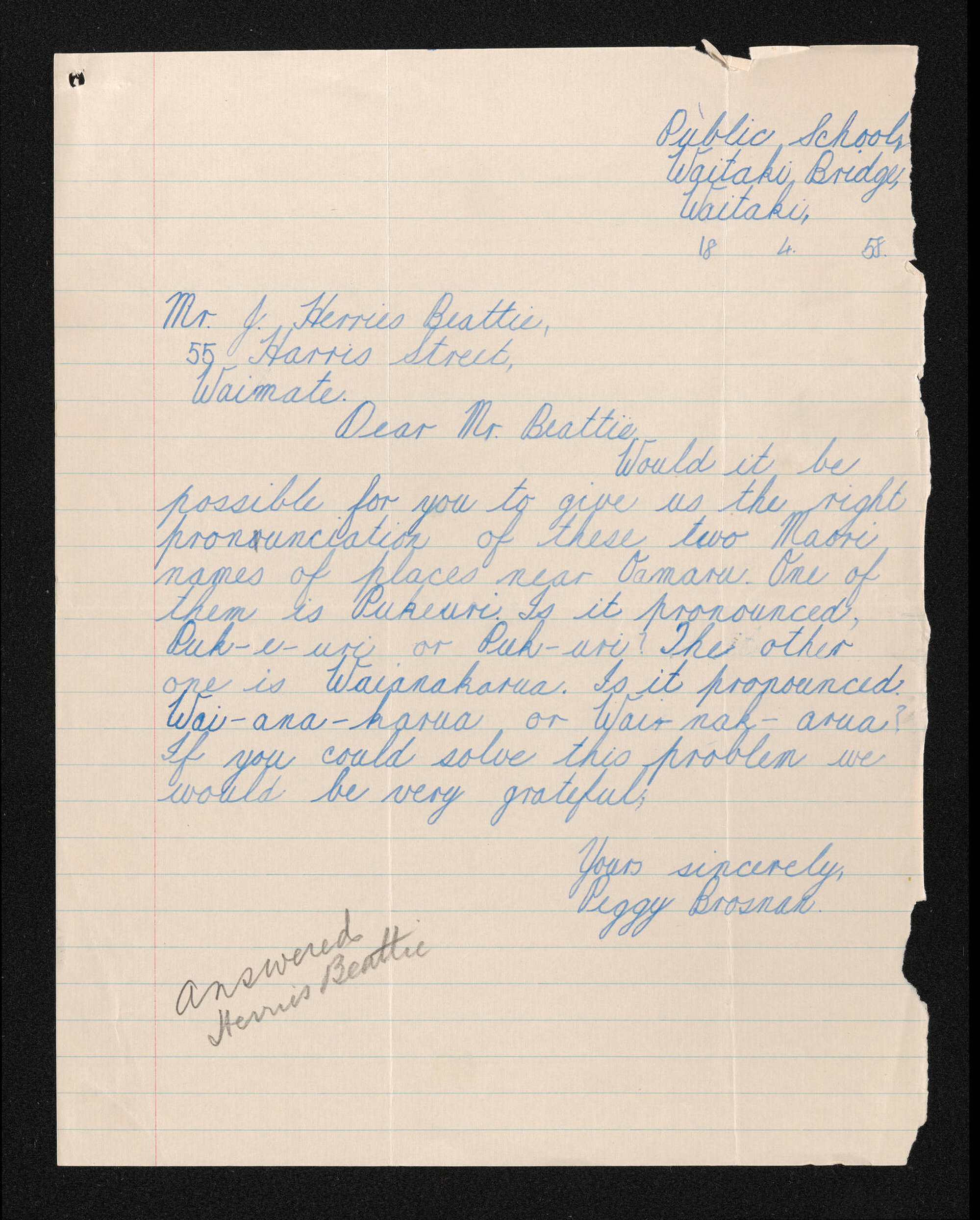 Letter, 18 April 1958, from Peggy Brosnan, to Herries Beattie