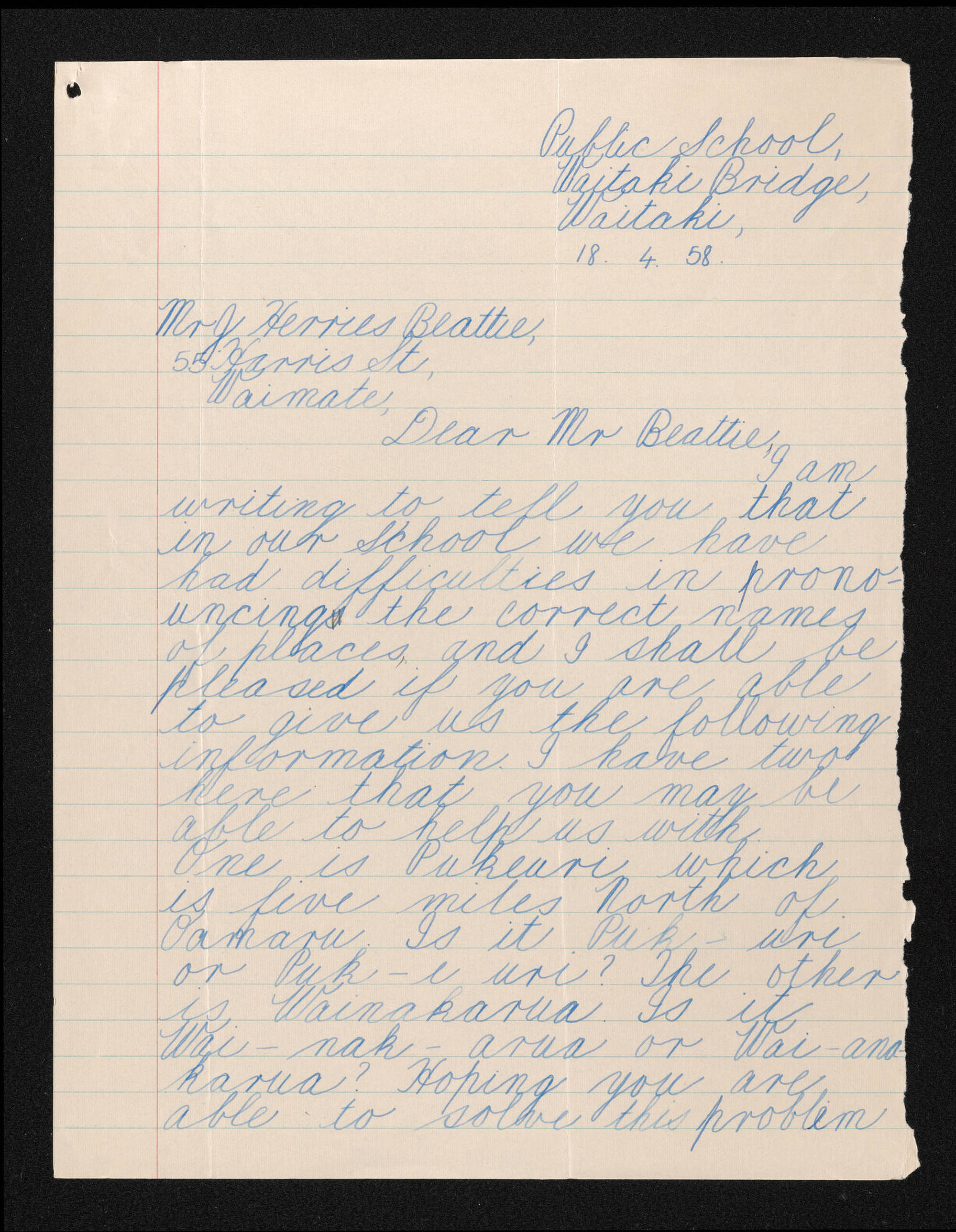 Letter, 18 April 1958, from Patricia McCarthy, to Herries Beattie