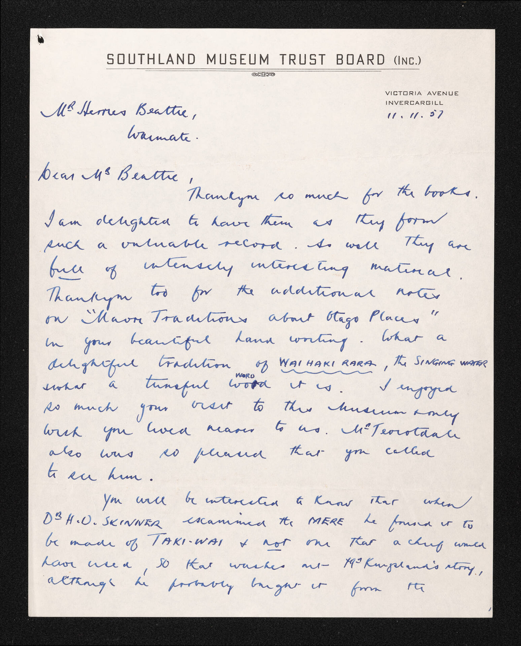 Letter, 11 November 1957, from Olga Sansom, to Herries Beattie