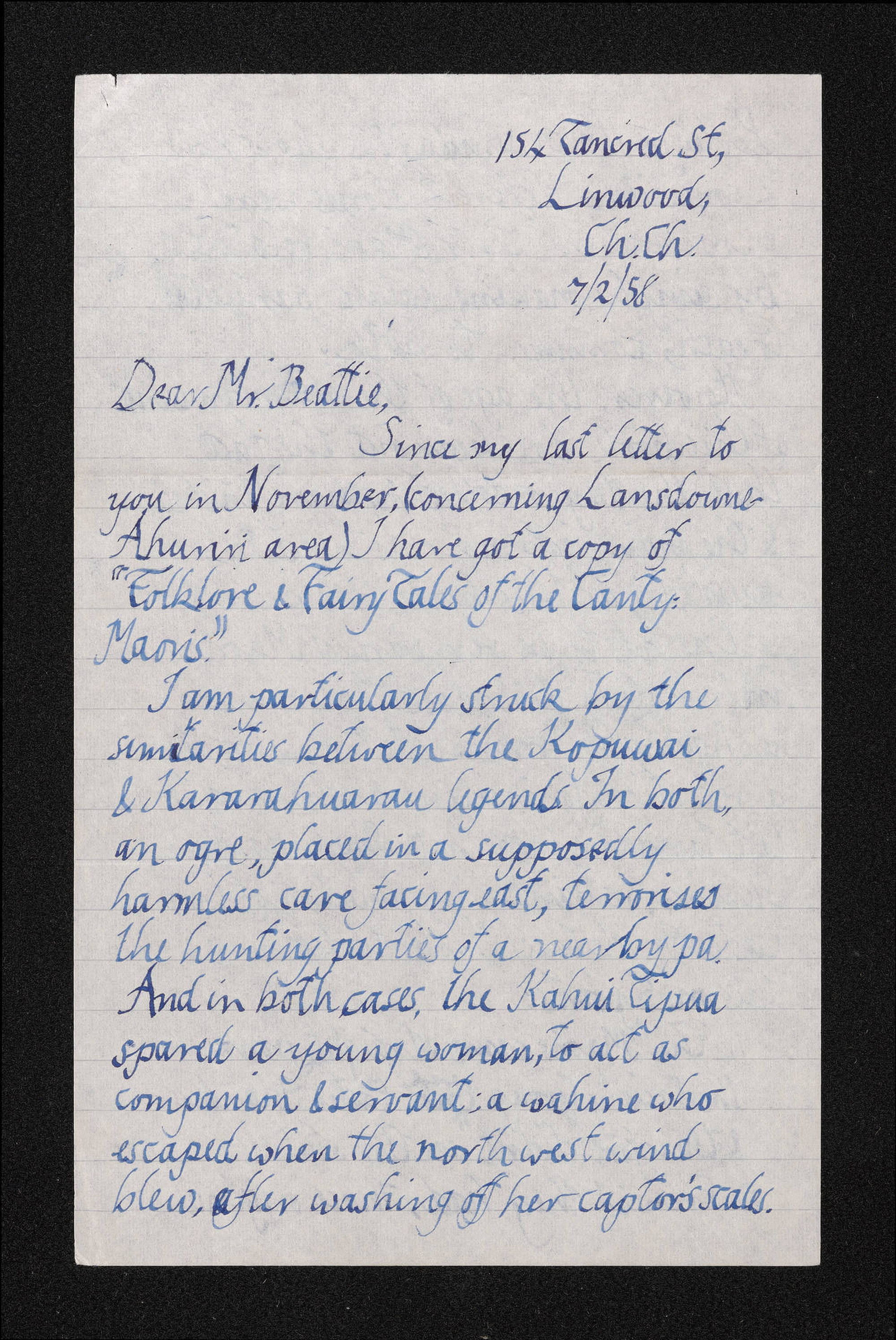 Letter, 7 February 1958, from Anthony Fomison, to Herries Beattie