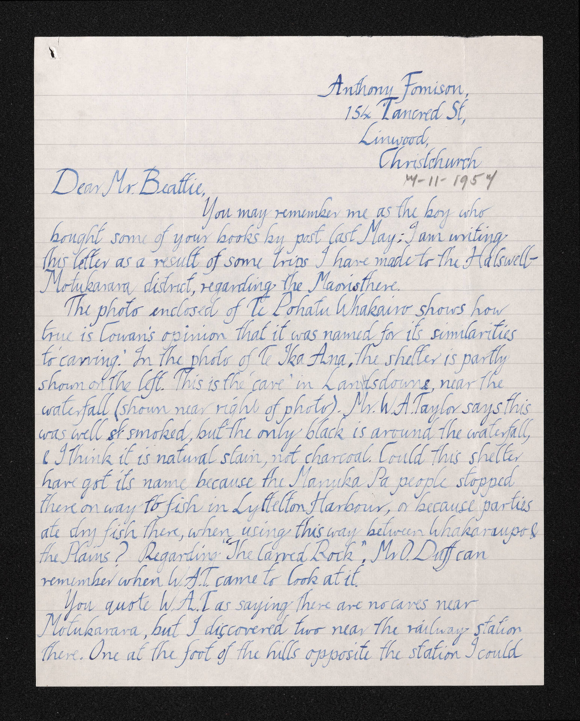 Letter, [7 November 1957], from Anthony Fomison, to Herries Beattie