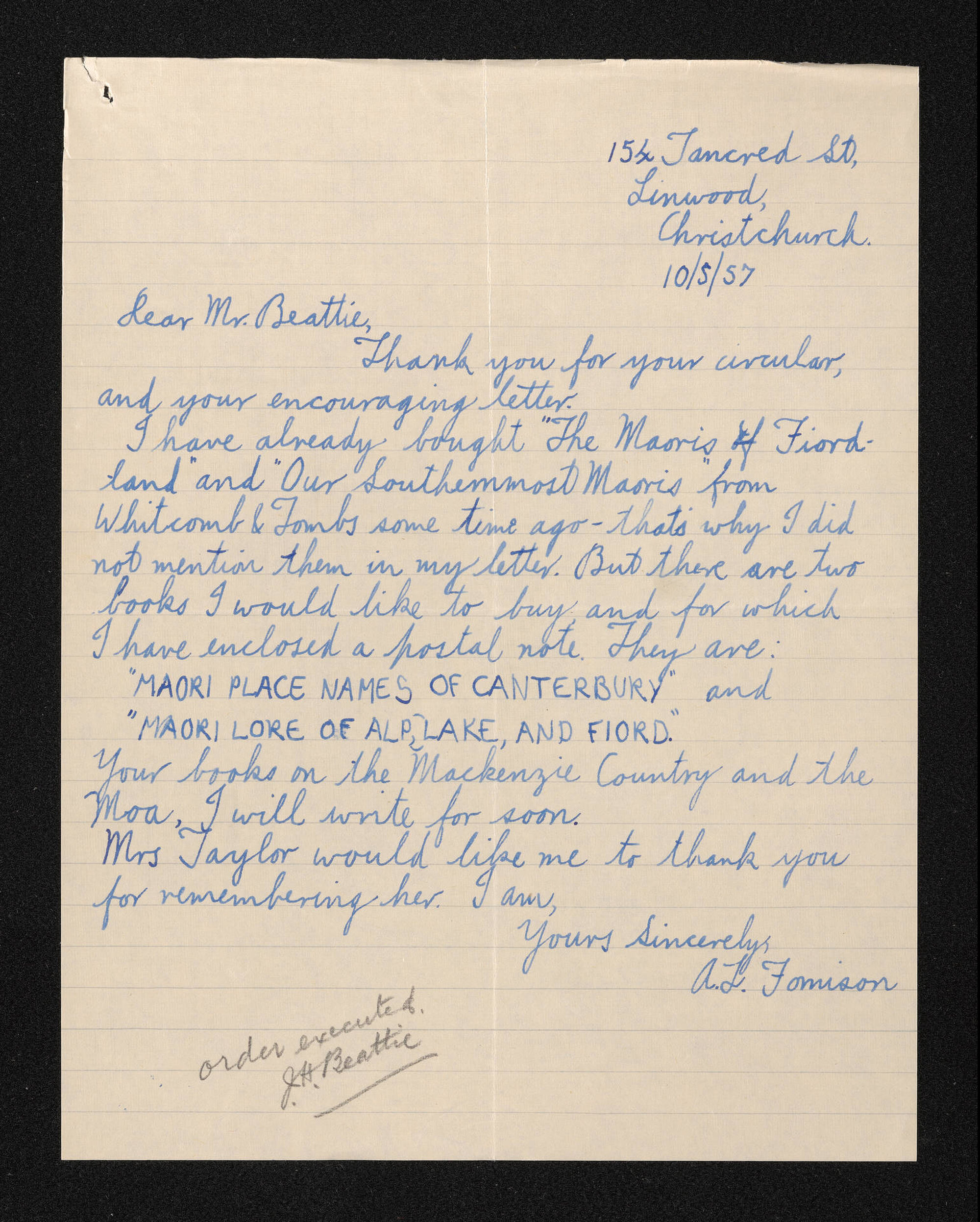 Letter, 10 May 1957, from Anthony Fomison, to Herries Beattie