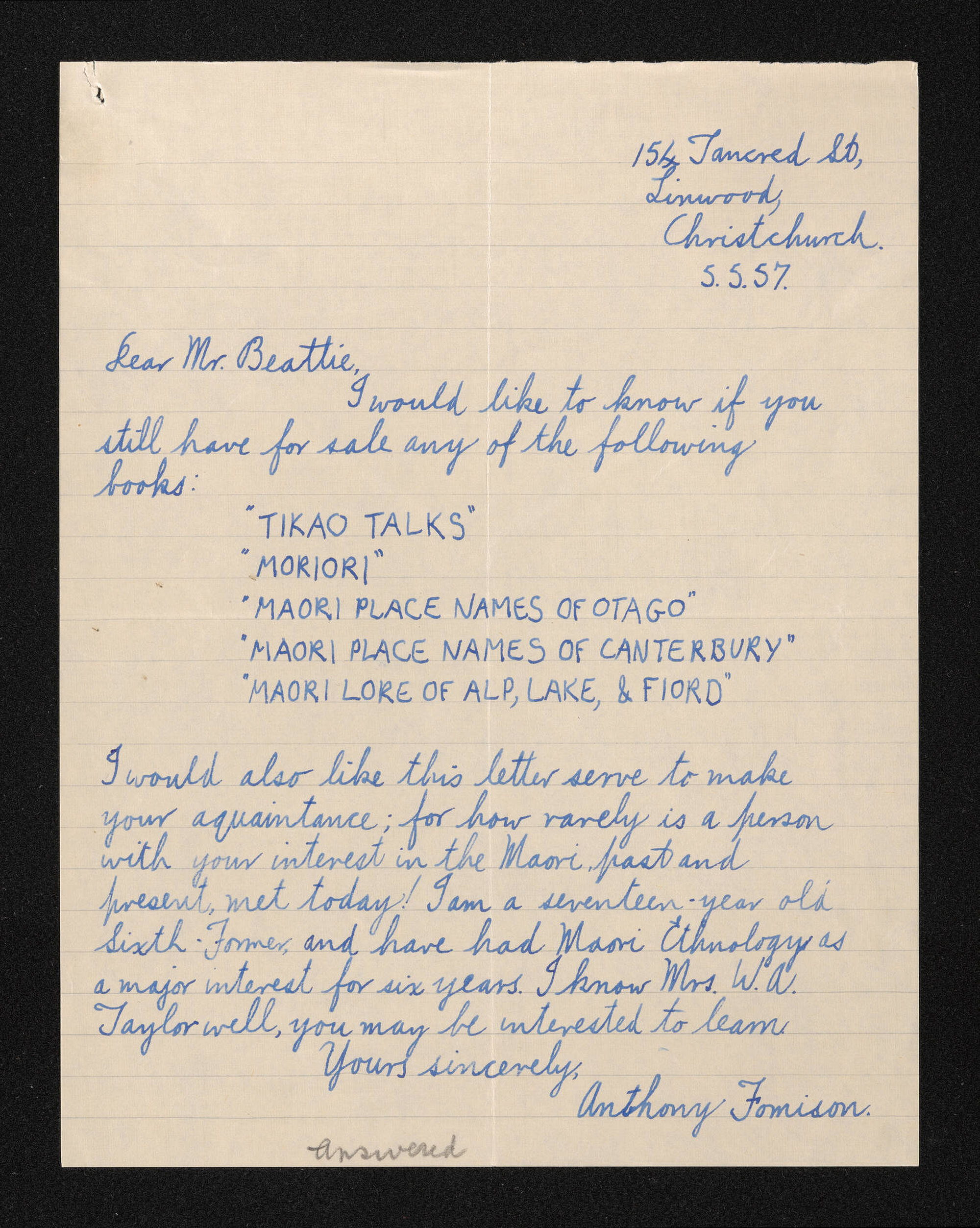 Letter, 5 May 1957, from Anthony Fomison, to Herries Beattie