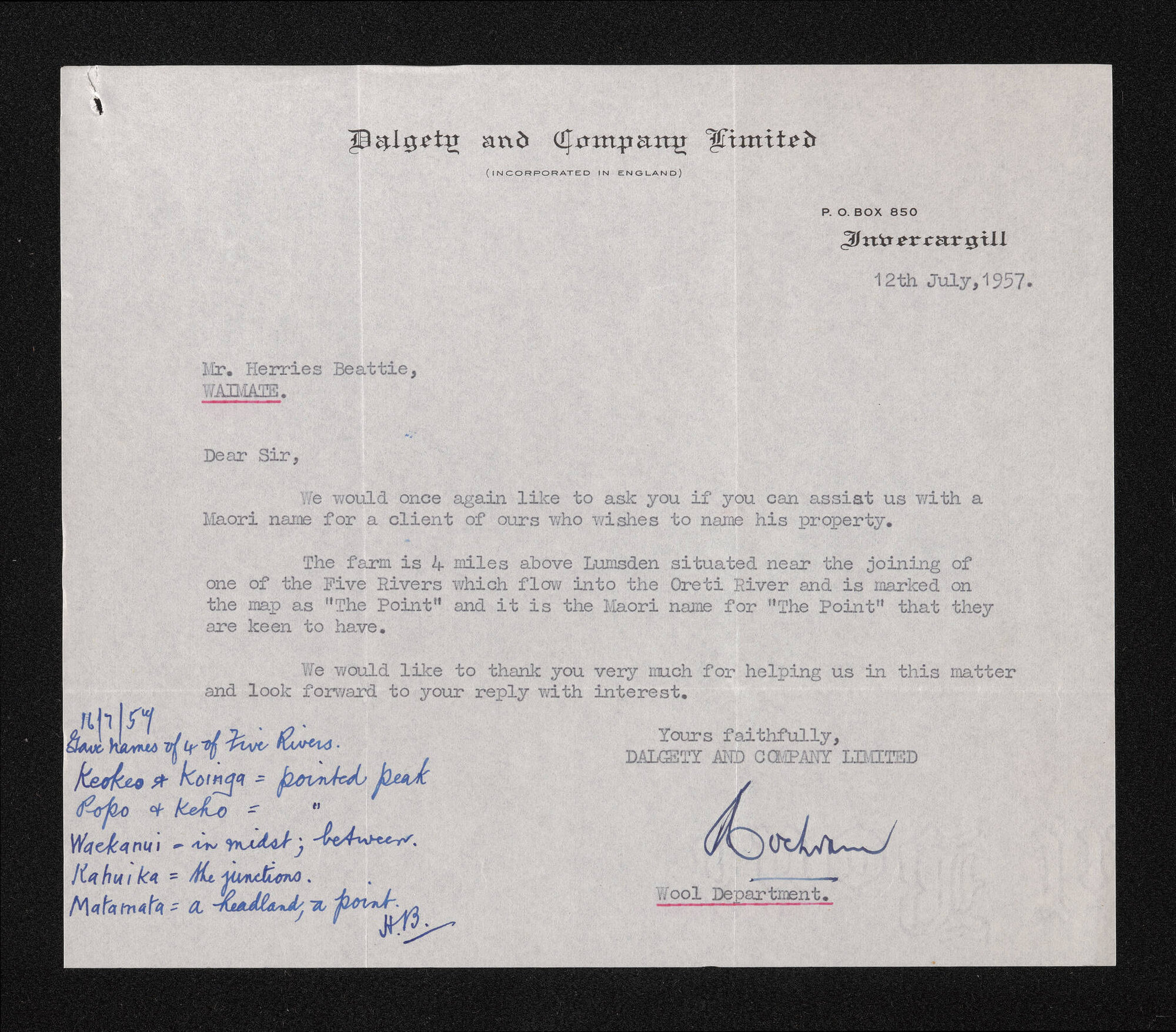 Letter, 12 July 1957, from Dalgety and Company Limited, to Herries Beattie
